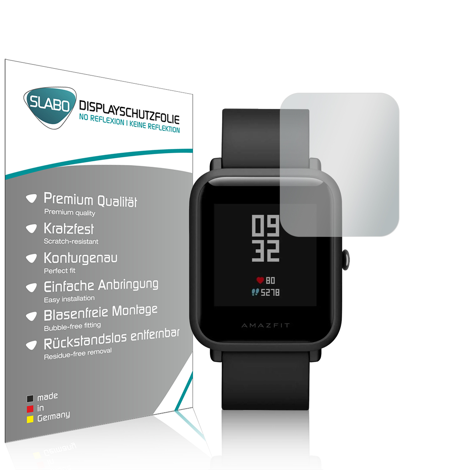 Schwarze Smartwatch mit Displayschutz, Anzeige von Uhrzeit und Gesundheitsdaten. Weiße Verpackung links.
