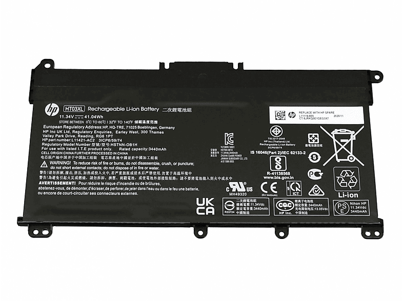 Batteria 11,4V, 3600mAh, 41,0Wh compatibile HT03XL per HP 250 G7, 255 G7, 15-da, 15-db, 15-cc