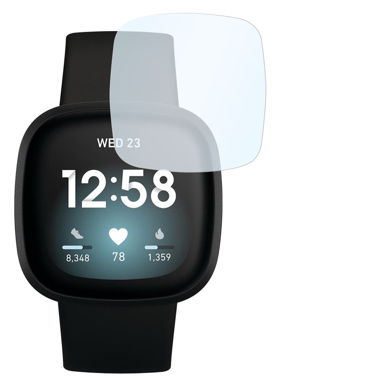 Eine Smartwatch, die die Zeit und Aktivitätsdaten anzeigt. Ein Displayschutz liegt obenauf.