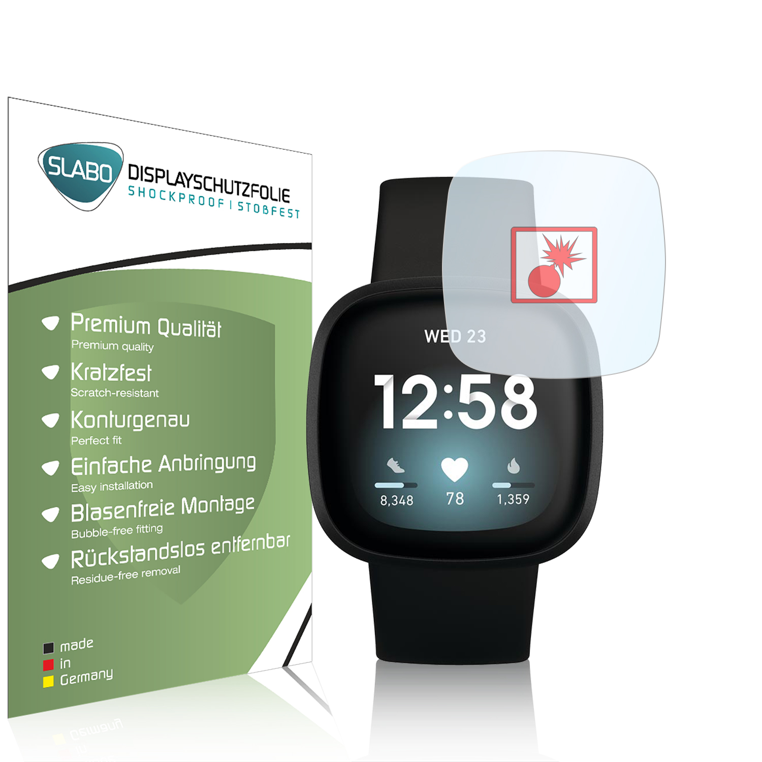 Eine Smartwatch mit Displayschutzfolie und einer Box mit Produktdetails, mit Fokus auf die Funktionen.