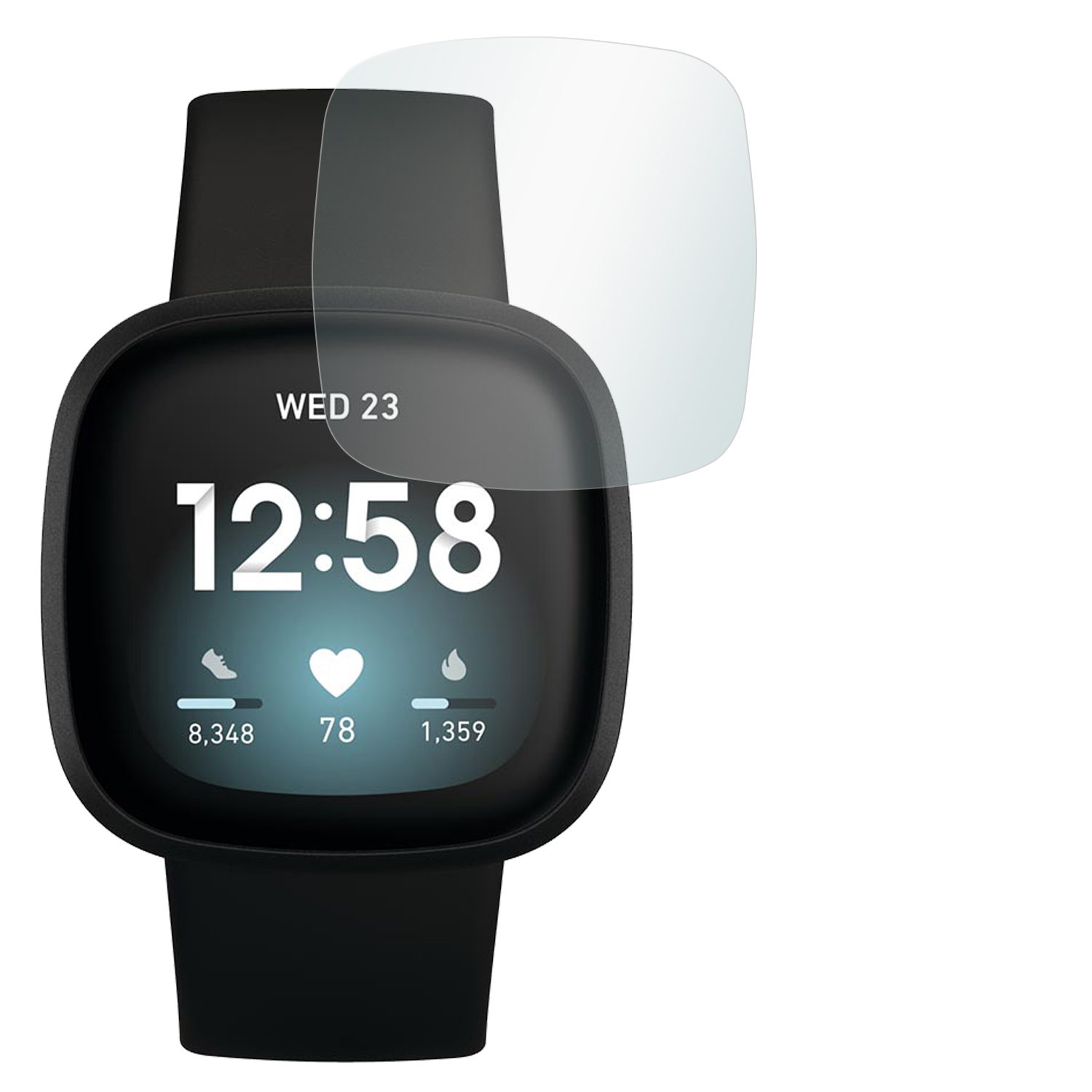 Eine schwarze Smartwatch mit Displayschutzfolie, auf weißem Hintergrund.