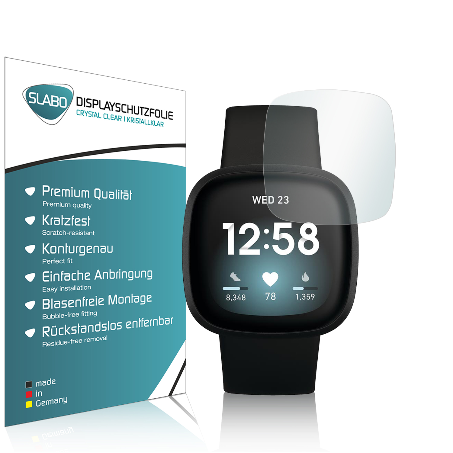 Smartwatch mit Displayschutzfolie, Box mit Produktinfo.