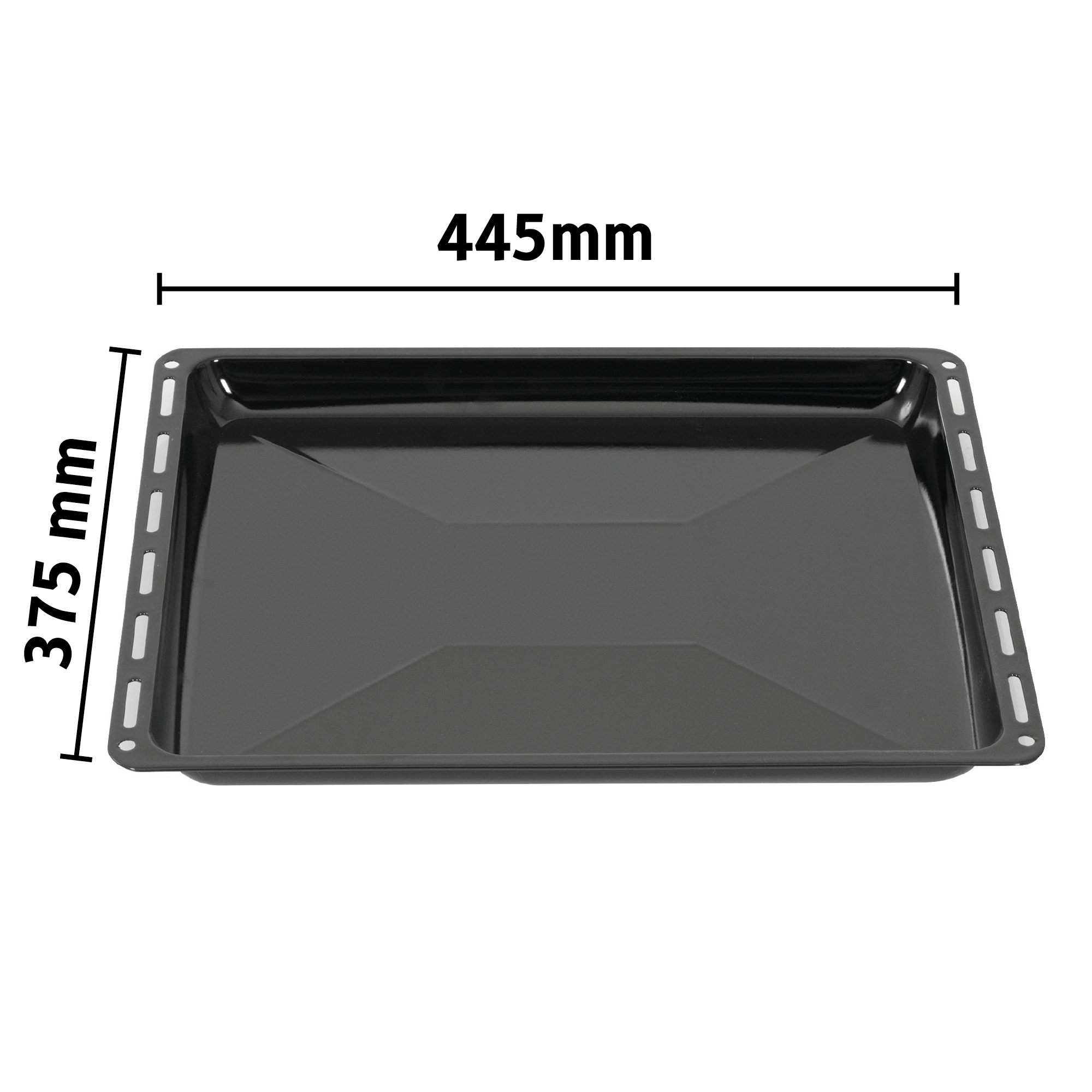 Schwarzes Backblech auf weißem Hintergrund. Der Text zeigt die Abmessungen: 445 mm breit, 315 mm hoch.