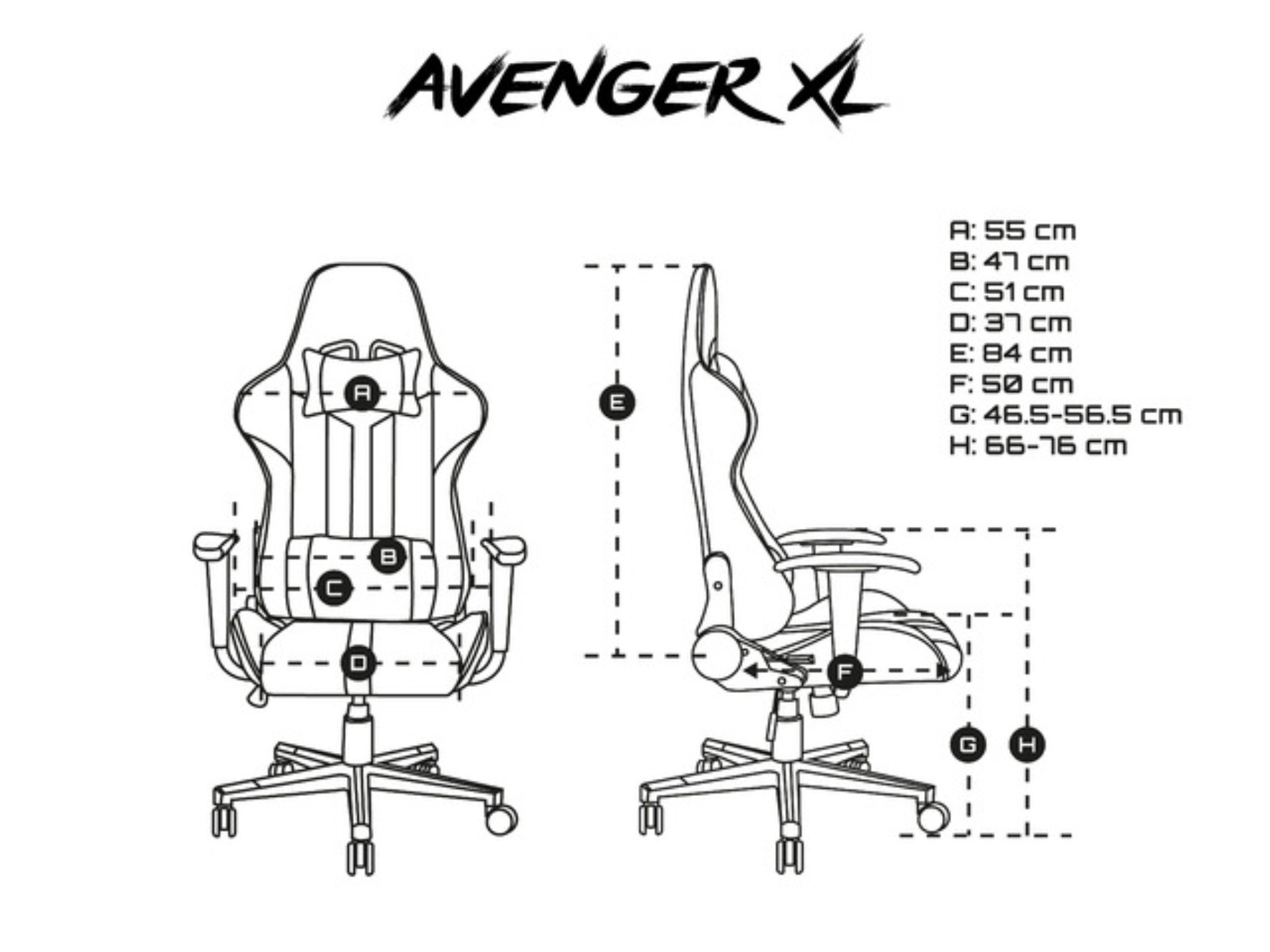 Ilustracja fotela do gier, z wymiarami i tekstem "AVENGER XL".