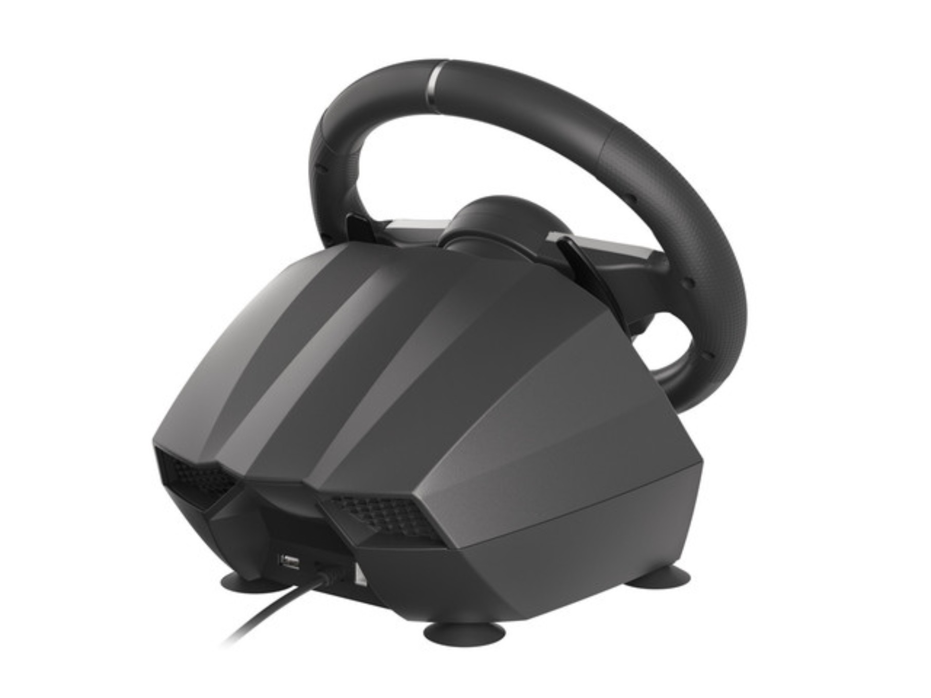 Schwarze Gaming-Lenkradbasis mit USB-Kabel und Saugnäpfen, isoliert auf weißem Hintergrund.