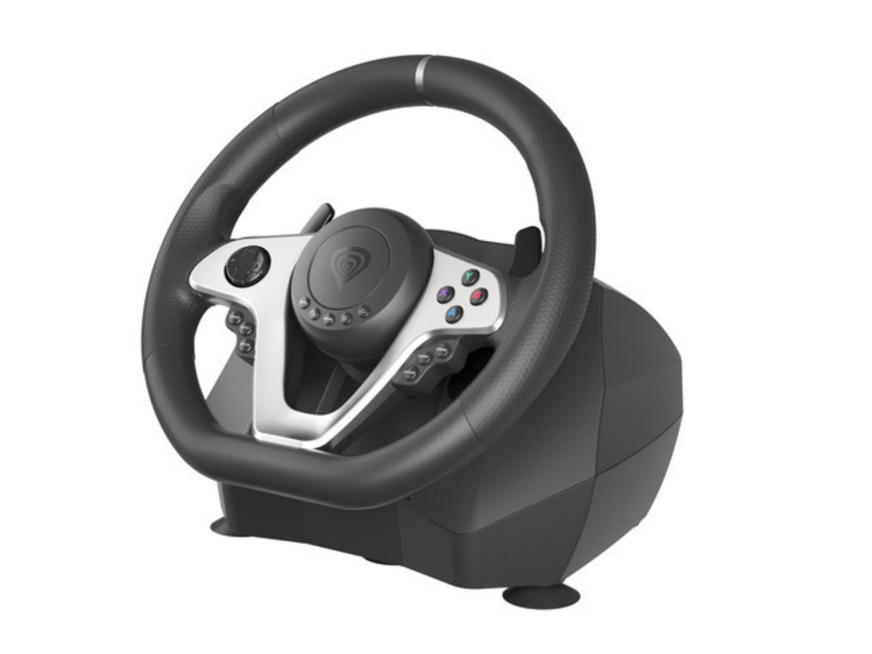 Schwarzes und silbernes Gaming-Lenkrad mit Knöpfen, freigestellt auf Weiß.