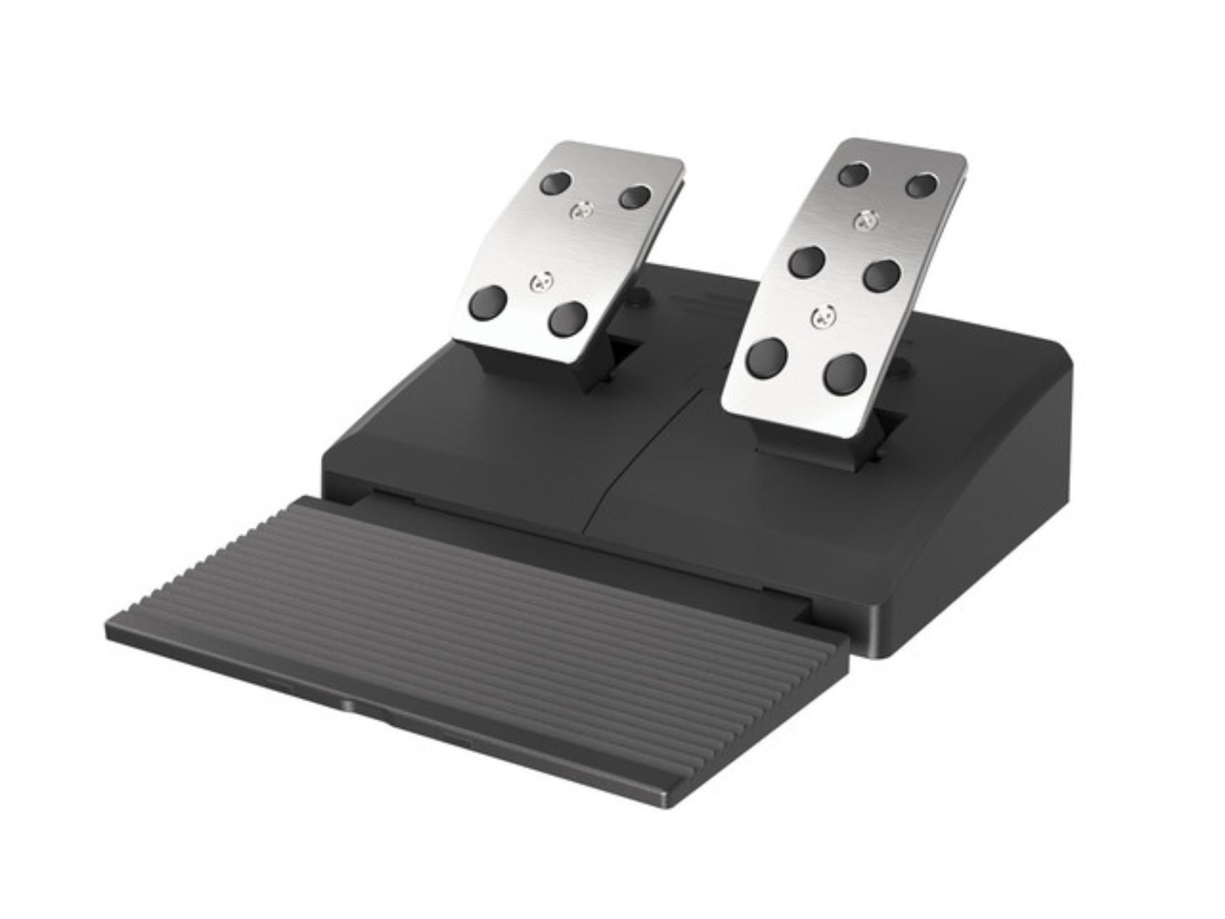 Gaming-Pedal-Set mit zwei Pedalen und Fußstütze, schwarz-silbernes Farbschema, isoliert auf Weiß.