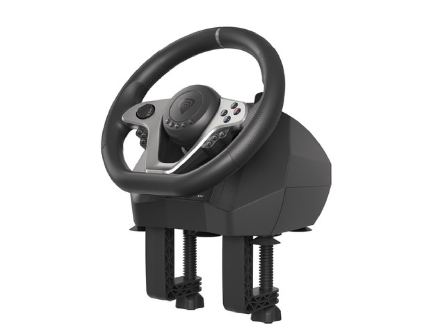 Schwarzes und silbernes Gaming-Lenkrad auf schwarzer Basis mit Klemmen befestigt.