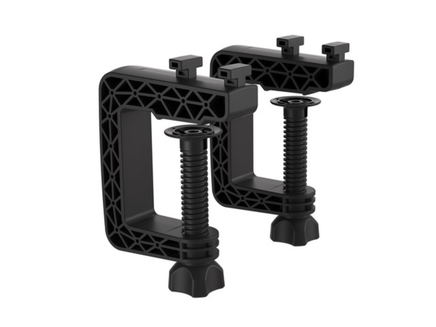 Zwei schwarze Klemmen mit verstellbaren Schraubmechanismen, isoliert auf weißem Hintergrund.
