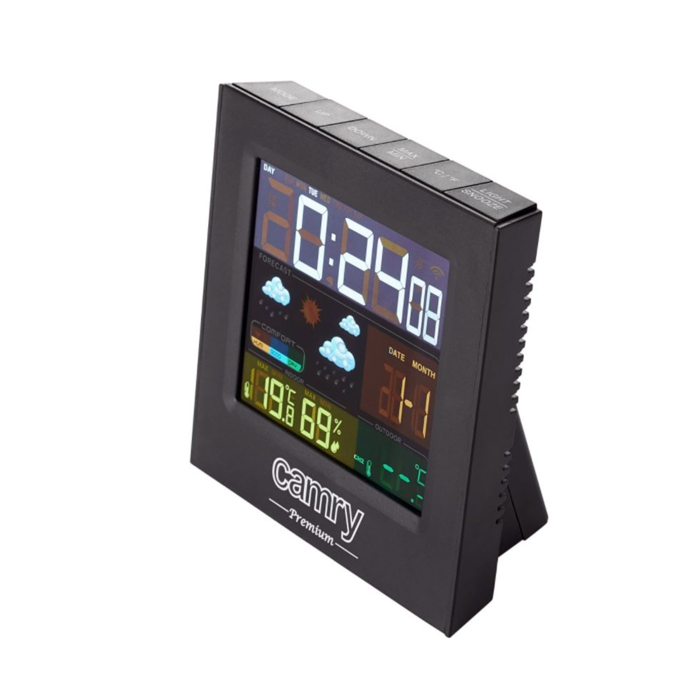 Czarny zegar cyfrowy wyświetlający godzinę, datę i informacje o pogodzie na białym tle.