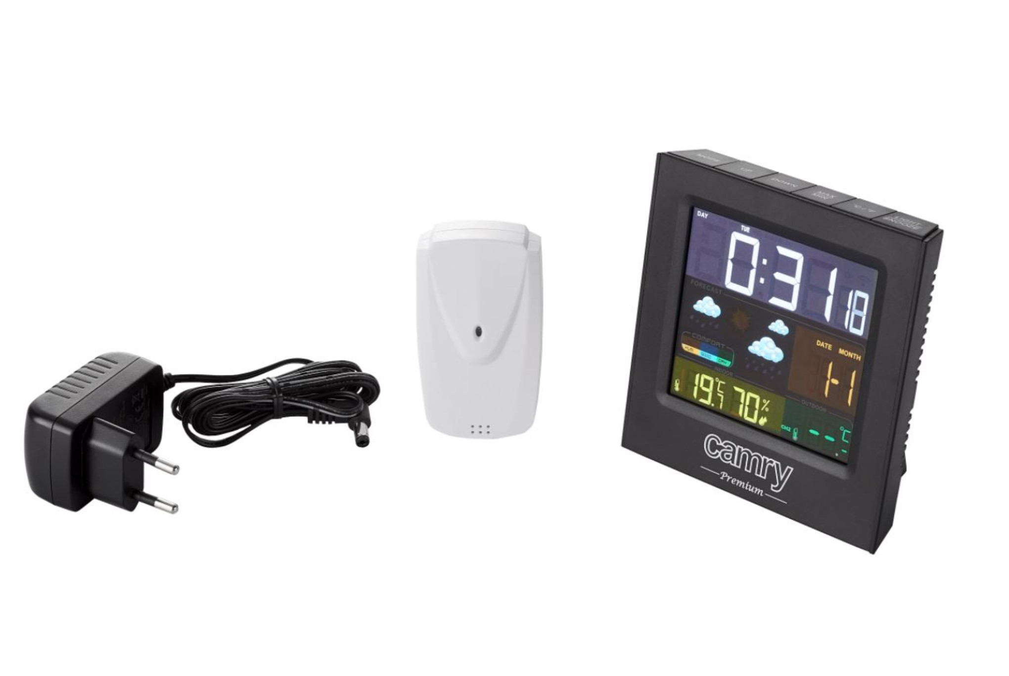 Czarna stacja pogodowa z białym czujnikiem i zasilaczem na białej powierzchni.