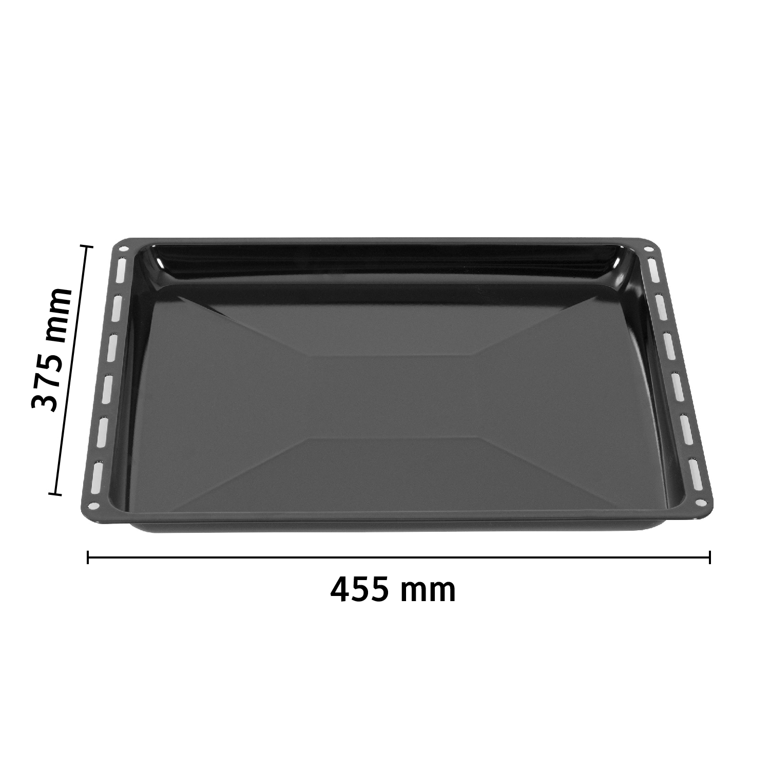 Schwarzes Backblech mit den Maßen: 375 mm x 455 mm. Weißer Hintergrund.