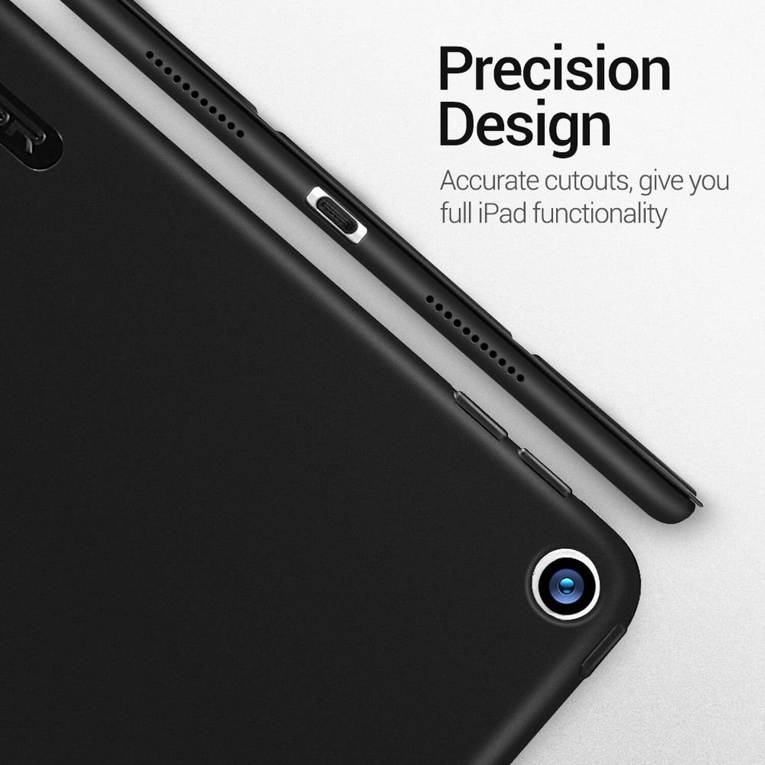 Schwarze iPad-Hülle mit den Worten „Precision Design“. Es hat Kameraausschnitte und Löcher. Das iPad ist im Gehäuse.