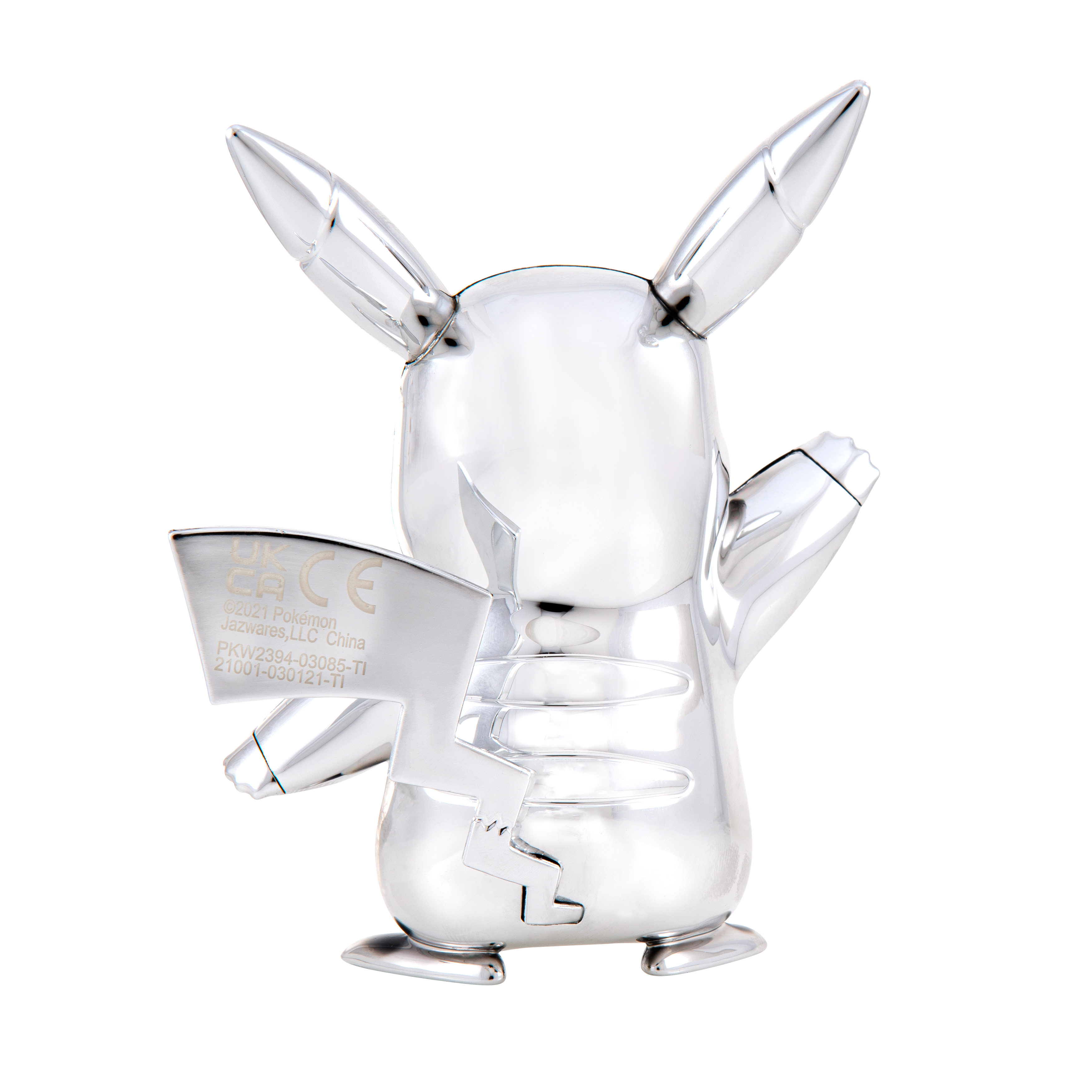 Silberne Pikachu-Figur, Rückansicht, mit Text auf der Rückseite und weißem Hintergrund.