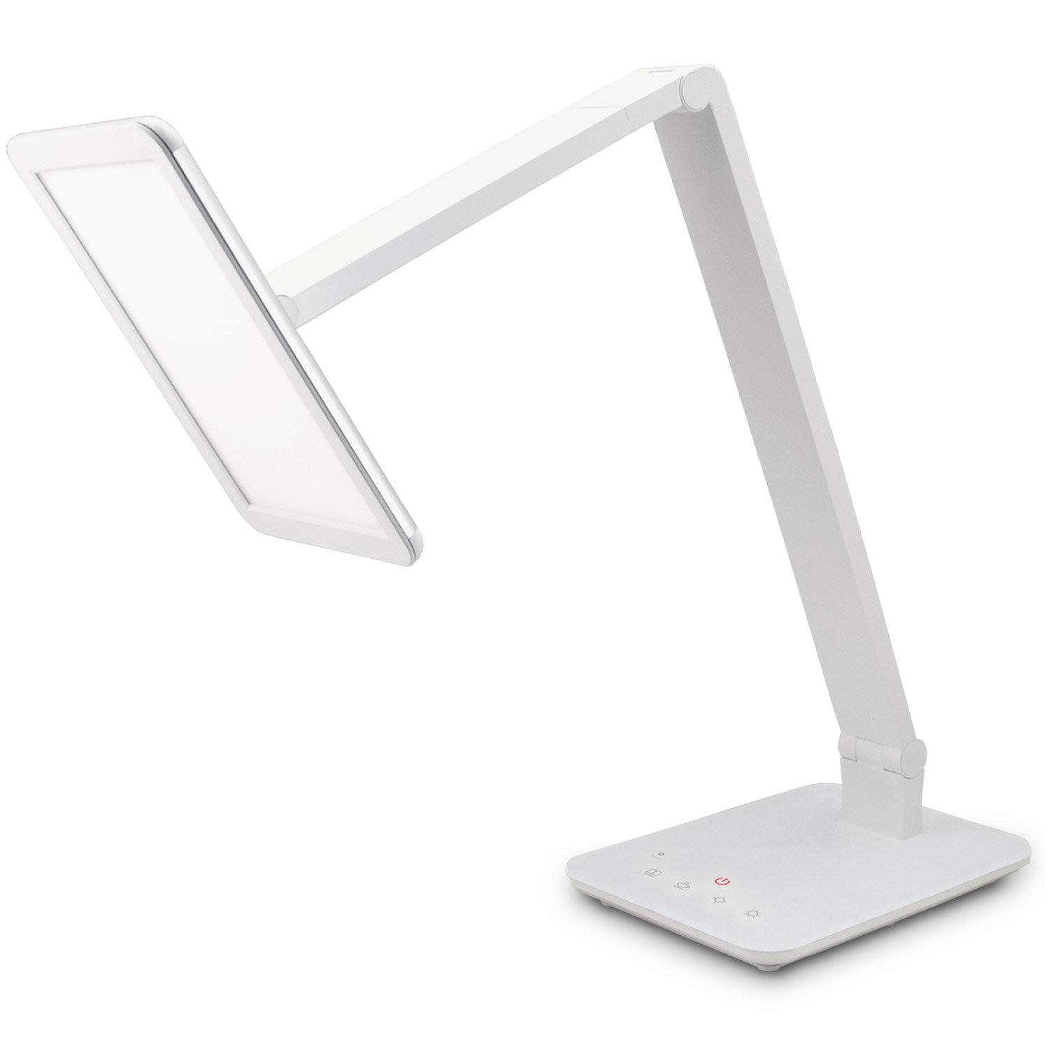 Una lampada da scrivania bianca con braccio regolabile, su sfondo bianco.