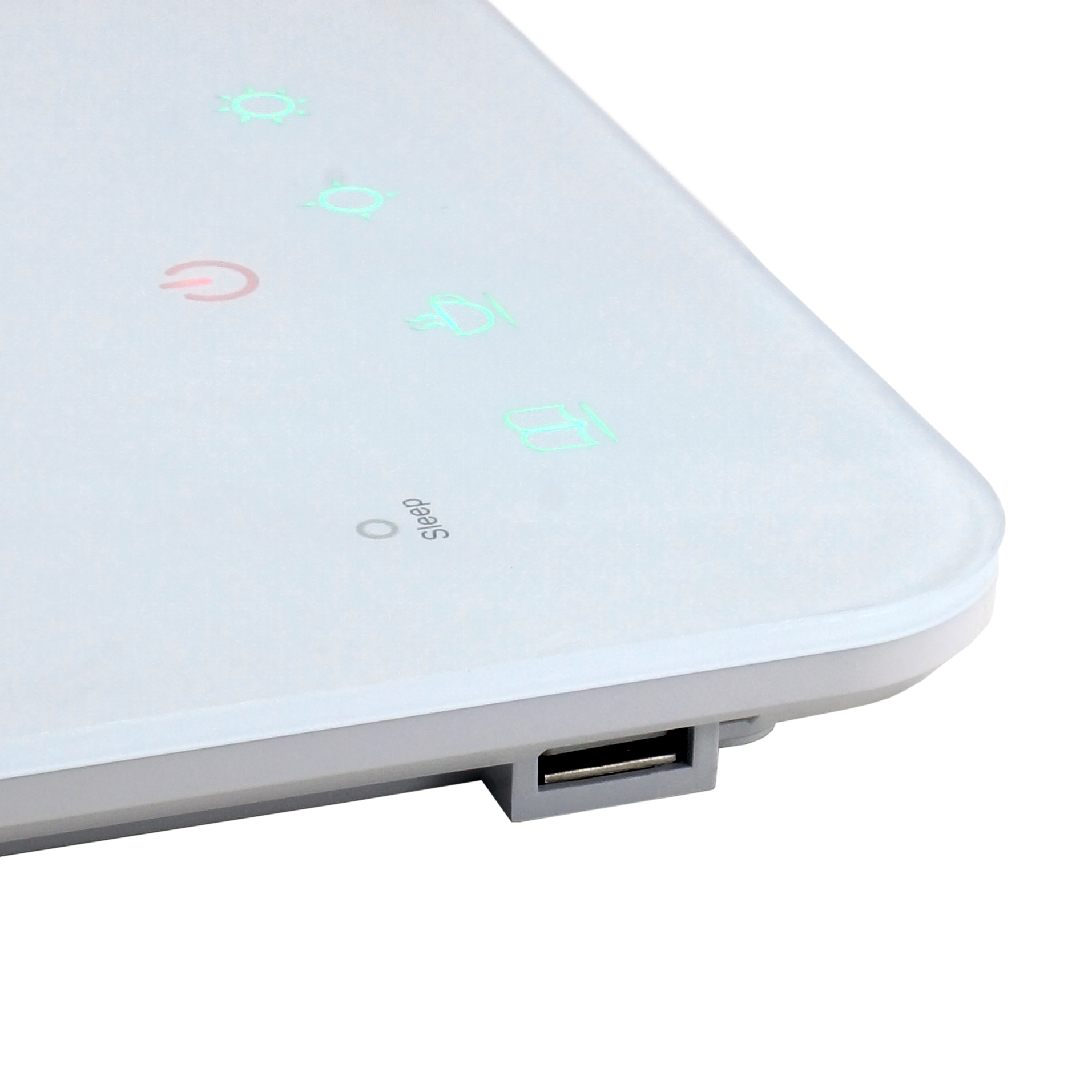 Angolo di dispositivo bianco con pulsante di accensione, indicatore di sospensione e porta USB.