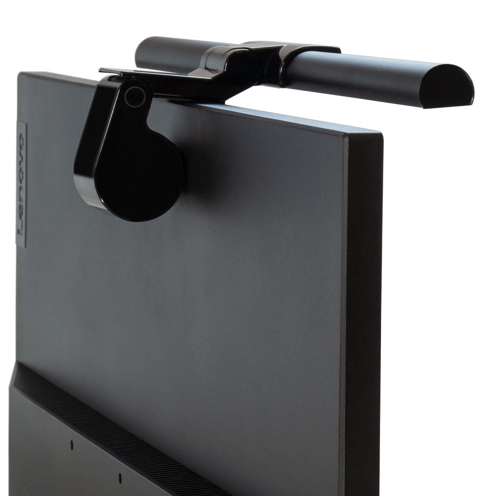 Eine schwarze Leuchte, die an der Rückseite eines Monitors befestigt ist. Die Leuchte hat einen gebogenen Lichtbalken.