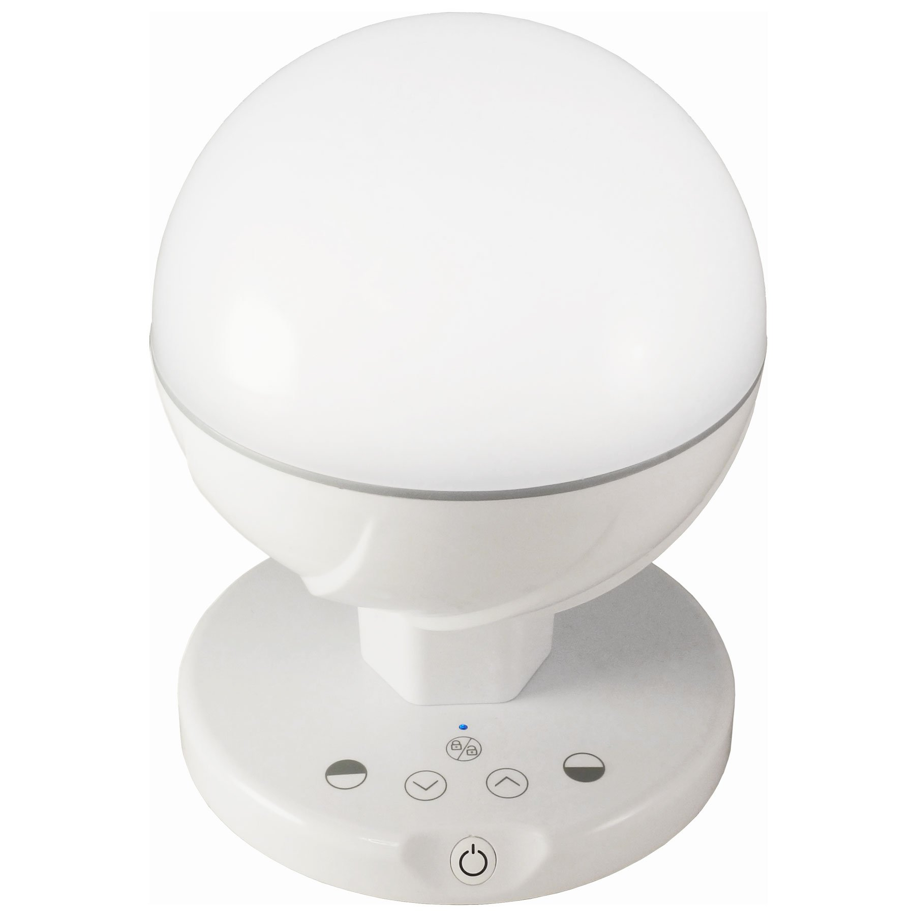 Weiße Lampe mit kugelförmigem Oberteil und kreisförmiger Basis mit Knöpfen.