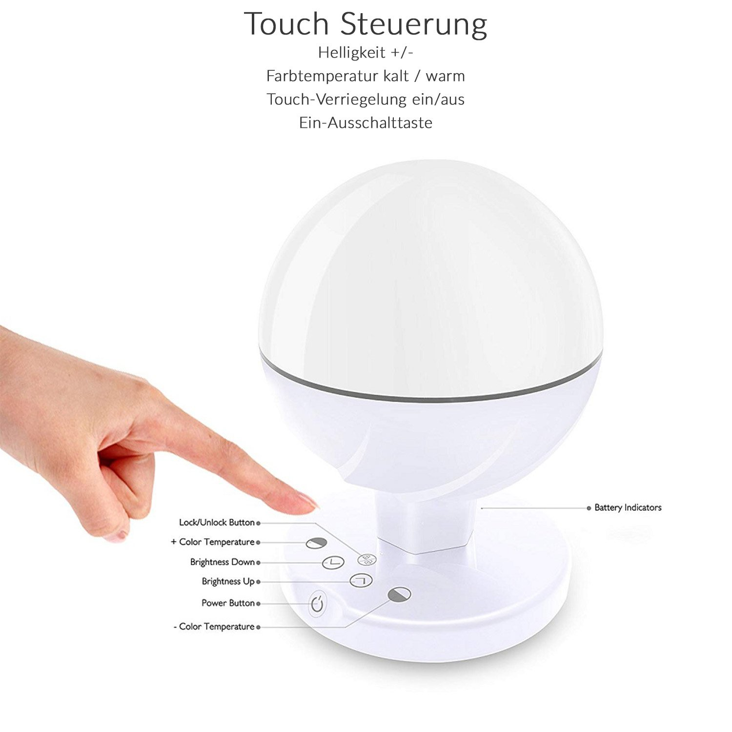 Weiße kugelförmige Lampe mit Touch-Steuerung. Eine Hand berührt die Lampe.
