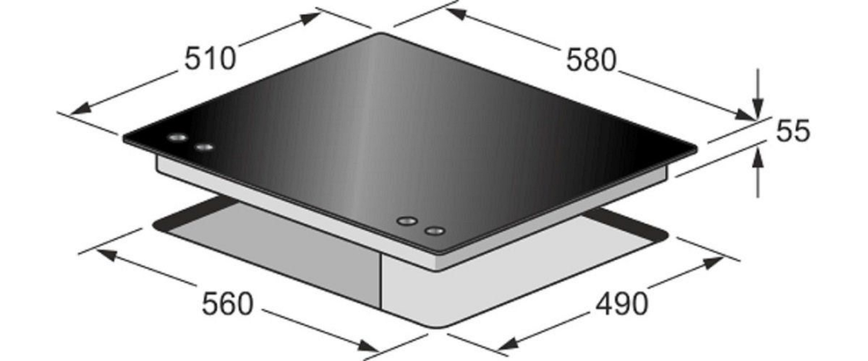 Diagramm eines Kochfelds mit Maßen. 510, 580, 560, 490 und 55mm sind beschriftet.