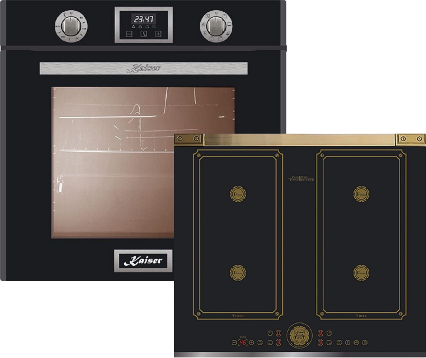 Schwarzer Backofen und Kochfeld. Der Backofen hat eine Digitaluhr und das Kochfeld vier Kochstellen.
