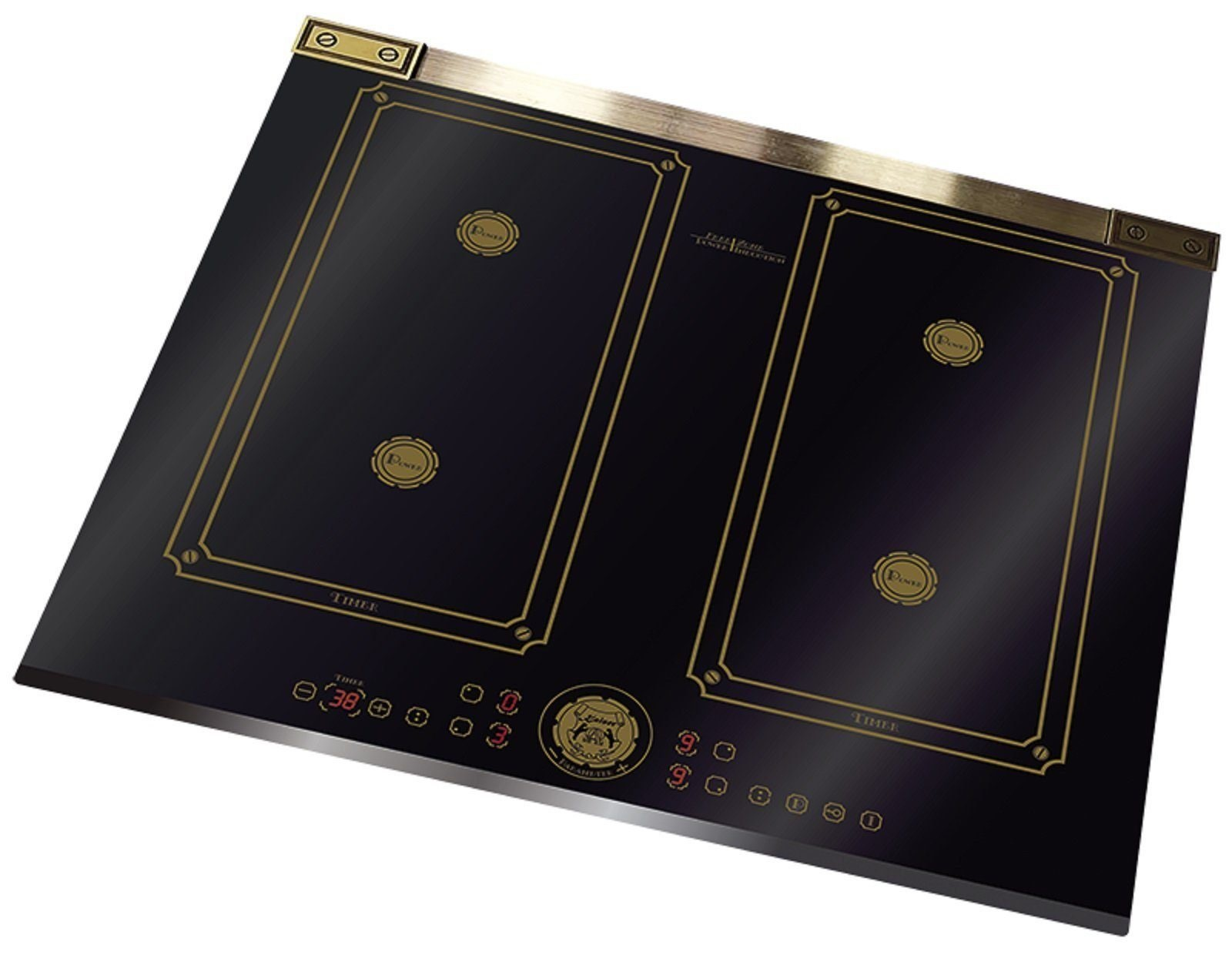 Schwarzes und goldenes Induktionskochfeld. Mit vier Kochfeldern, Bedienfeld, Zahlen, Symbolen und Markenlogo.