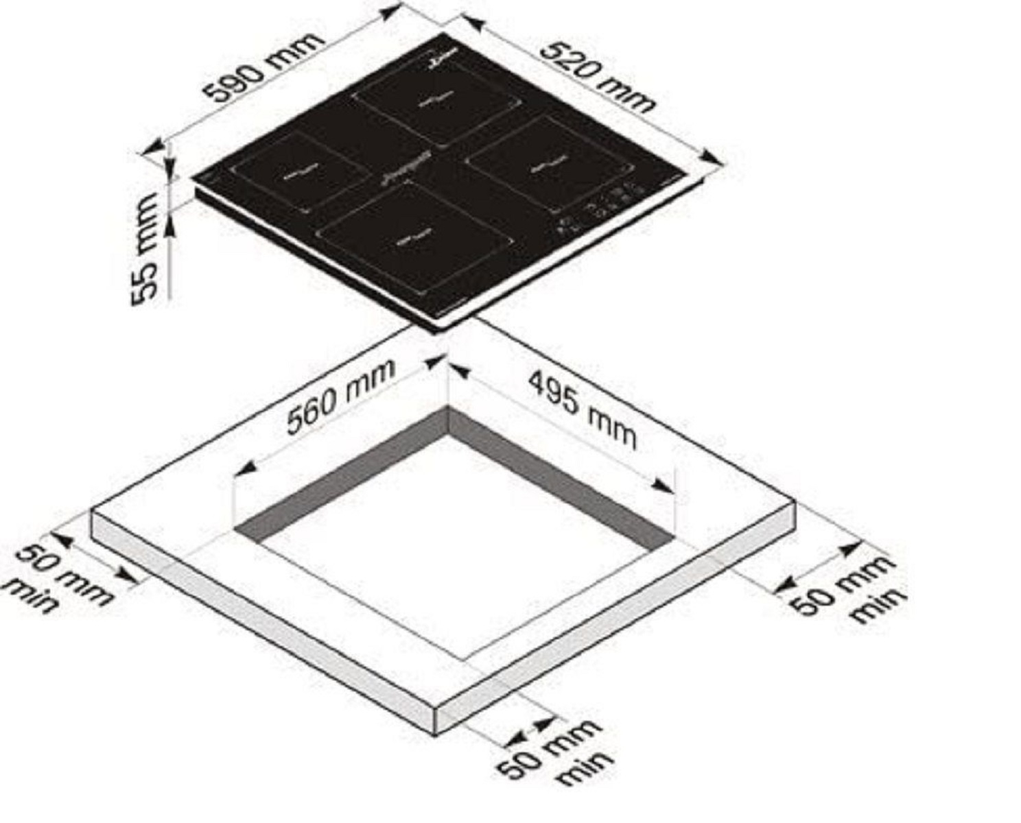 Diagramm einer schwarzen Kochplatte und eines Ausschnitts zur Installation, mit Maßen in Millimetern. Die Kochplatte hat vier Kochzonen.