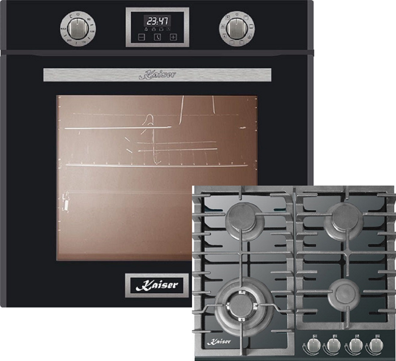 Schwarzer Backofen mit Digitaluhr und Gasherd mit vier Brennern. Beide Geräte tragen das Logo der Marke 'Kaiser'.