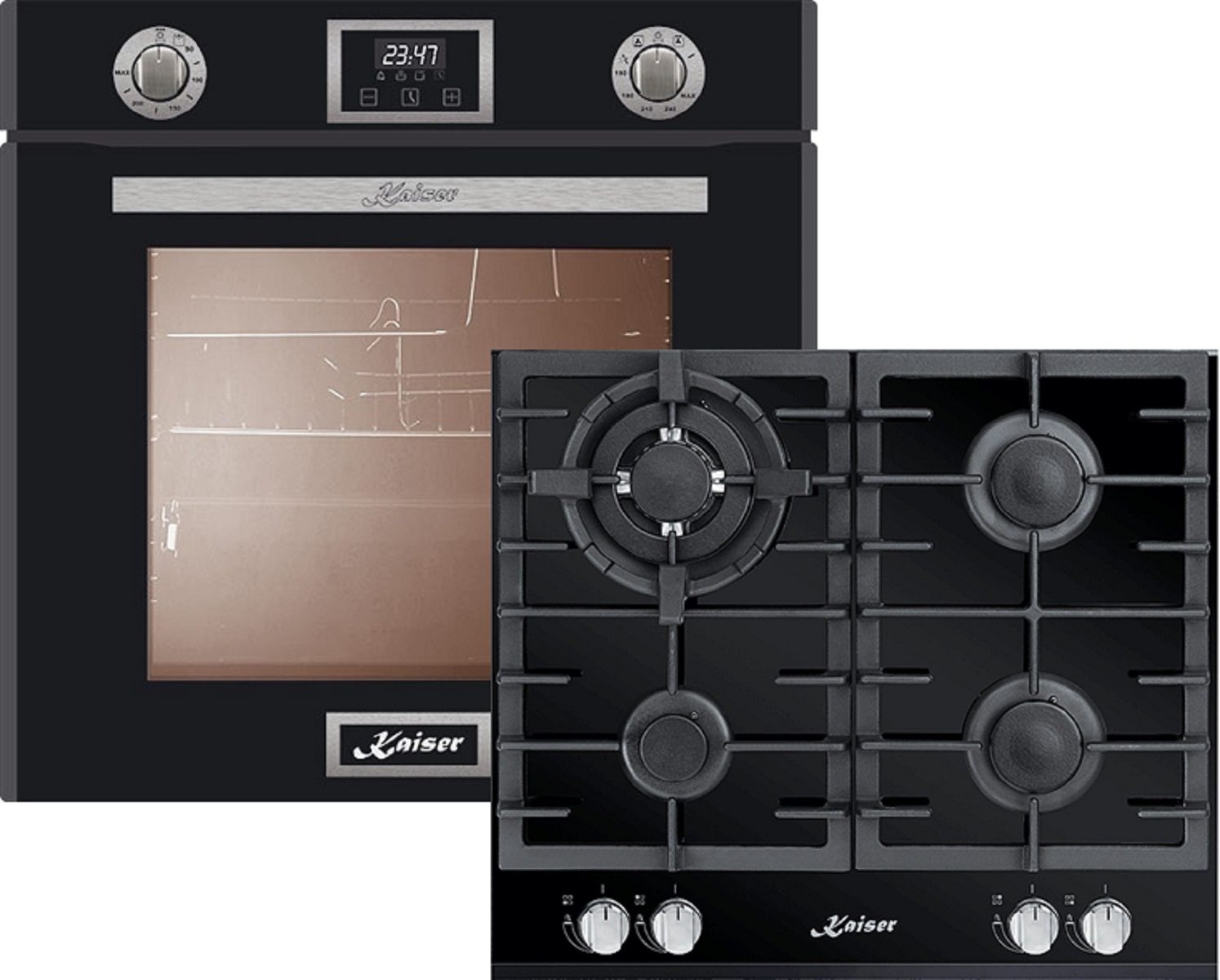 Schwarzes Backofen- und Herdset. Der Backofen hat eine Digitaluhr. Das Kochfeld hat vier Brenner.