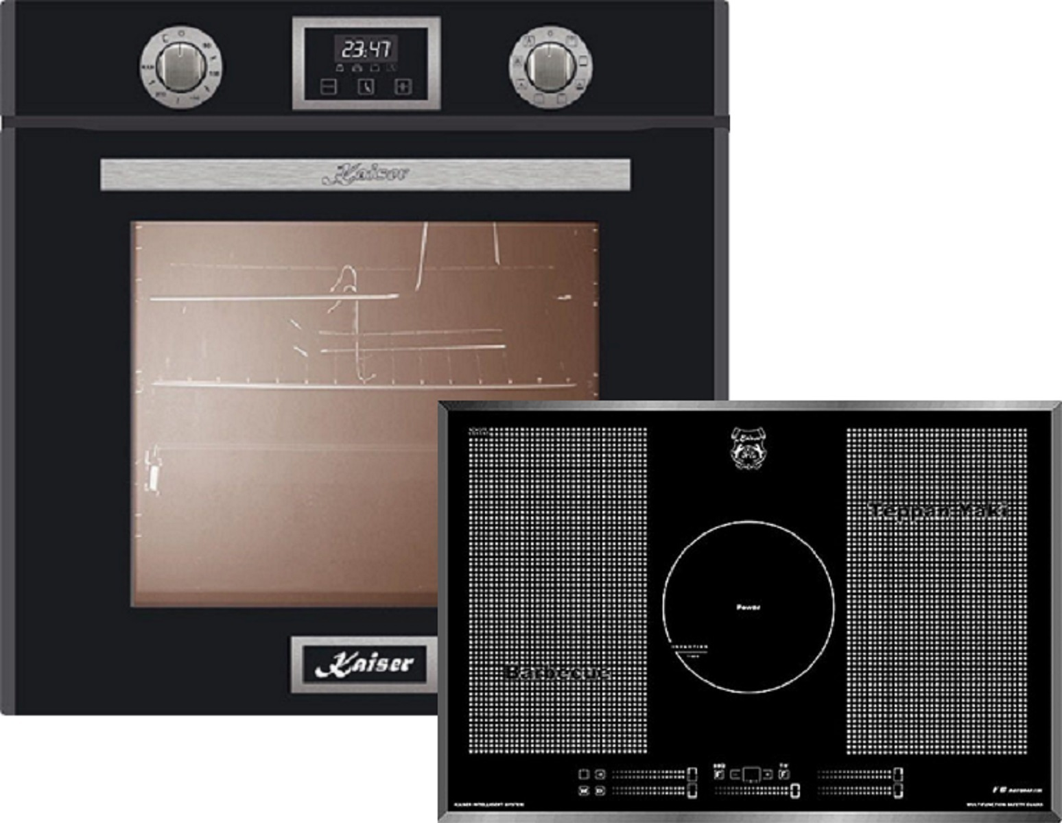 Schwarze Backofen- und Kochfeldgeräte. Der Backofen hat eine Digitaluhr. Das Kochfeld hat eine runde Kochzone.
