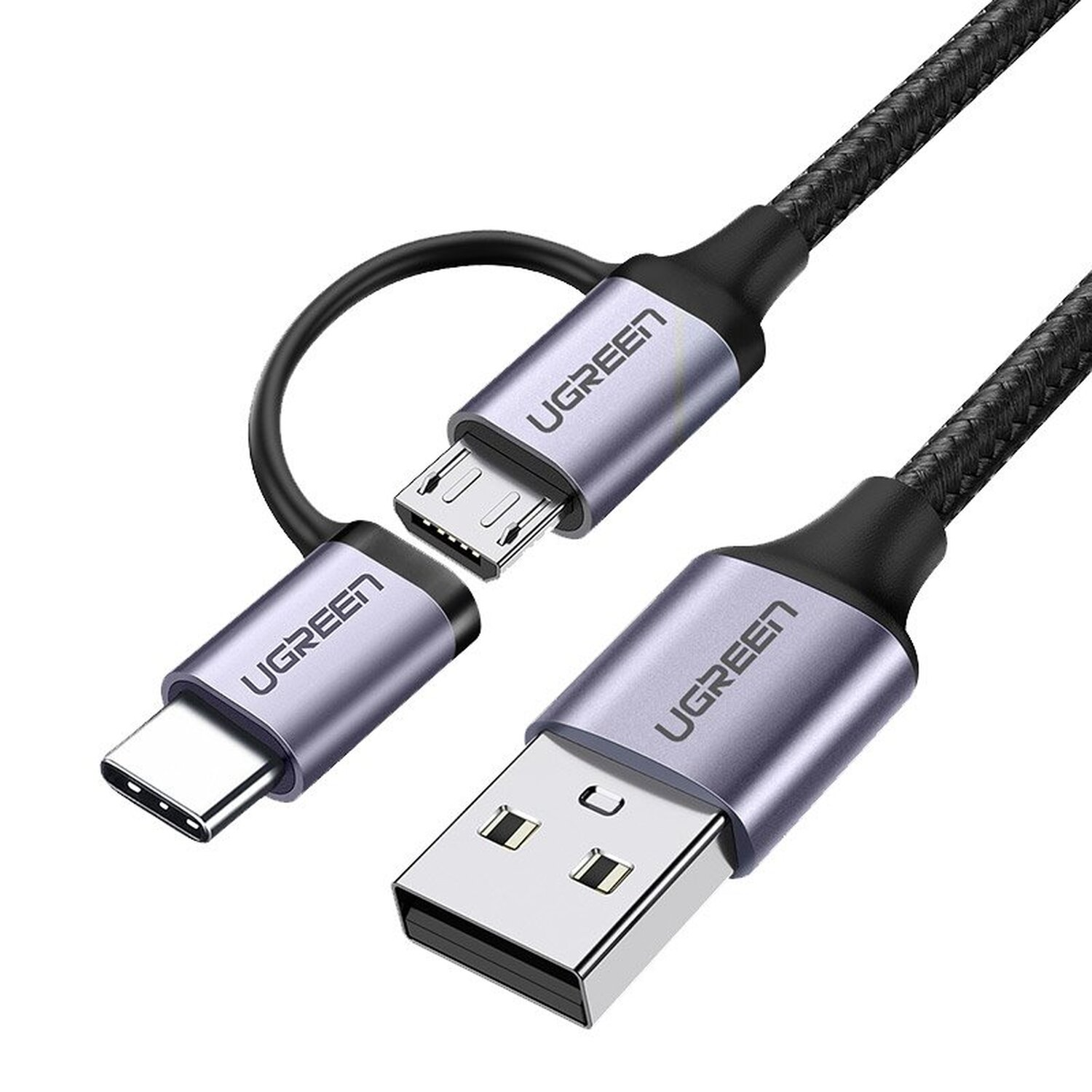 UGREEN Kabel 2in1 USB Schwarz C, Typ / Micro USB Ladekabel, - USB