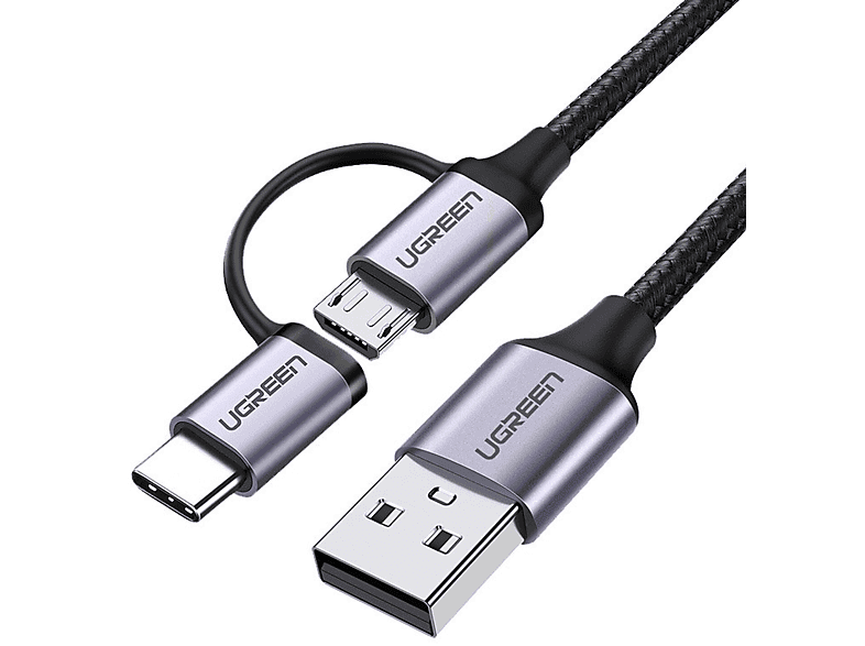 UGREEN Kabel 2in1 USB Schwarz C, Typ / Micro USB Ladekabel, - USB