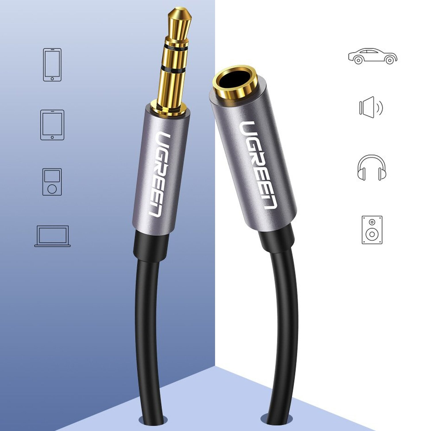 Kabel audio ze złotą końcówką i żeńskim złączem, z ikonami z boku.