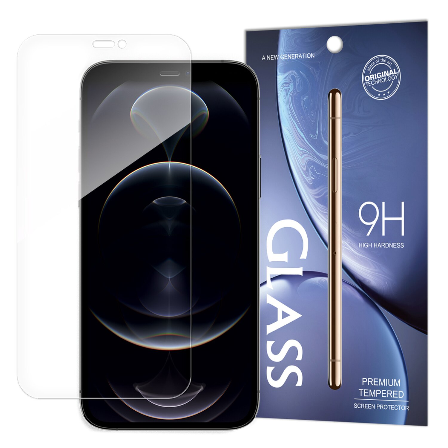 Ein Smartphone mit Displayschutz neben der Verpackung des Schutzes.