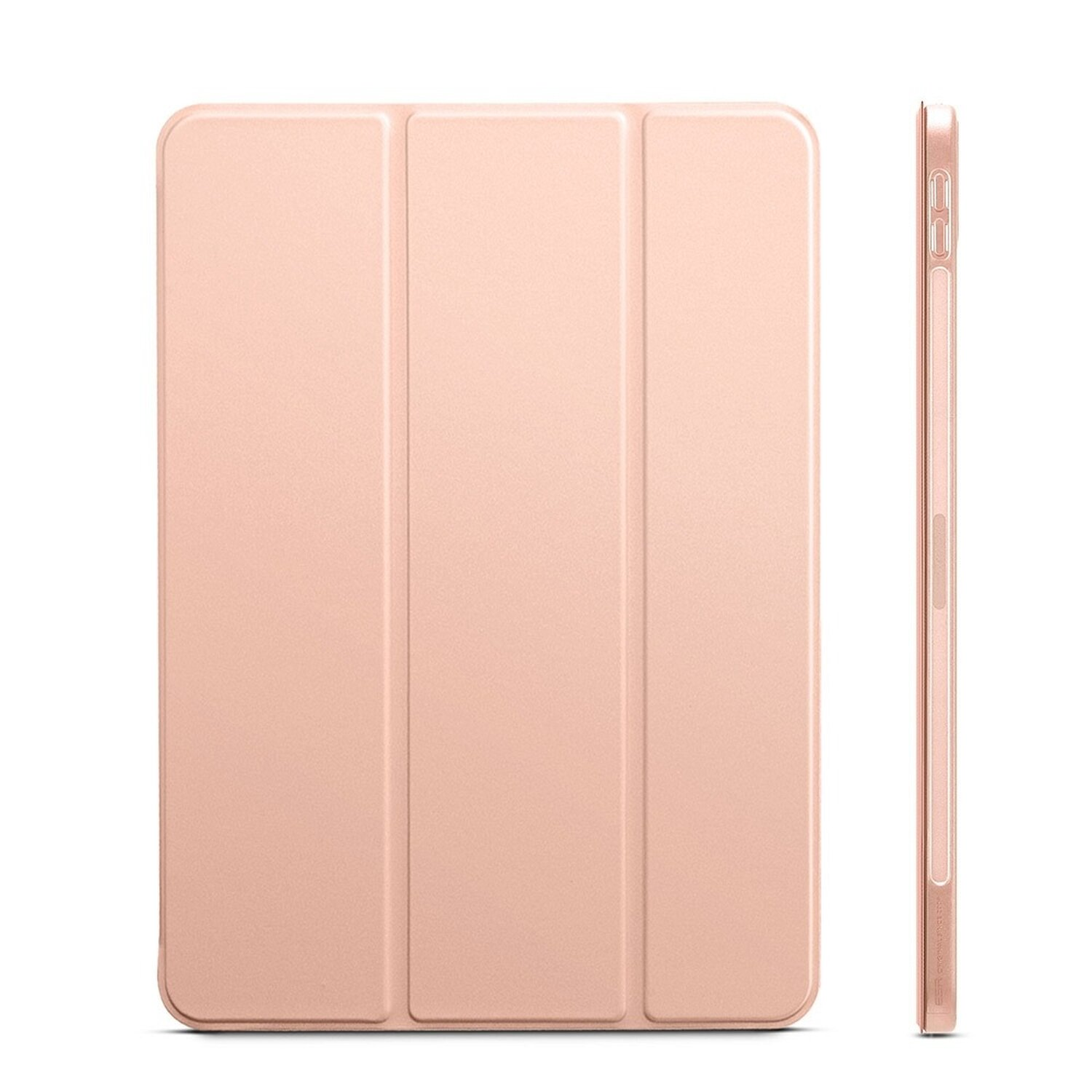 Eine roségoldene Tablethülle, offen und geschlossen, mit Seitenansicht. Weißer Hintergrund.
