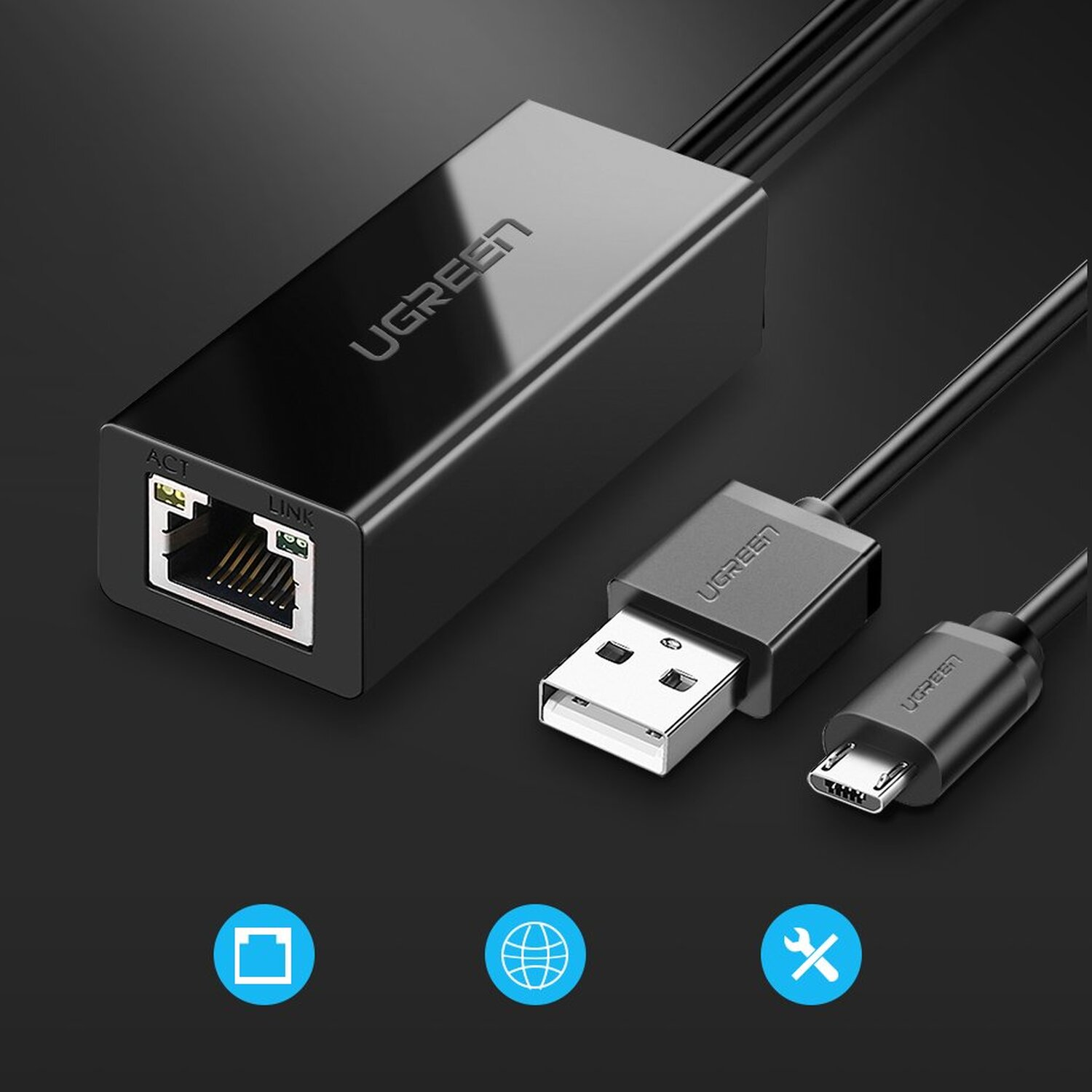 Schwarzer UGREEN Ethernet-Adapter mit USB- und Micro-USB-Anschlüssen.