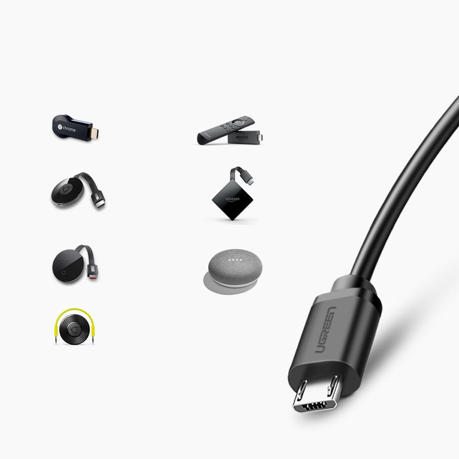 Verschiedene Streaming-Geräte und ein Ladekabel auf einer weißen Oberfläche angeordnet.