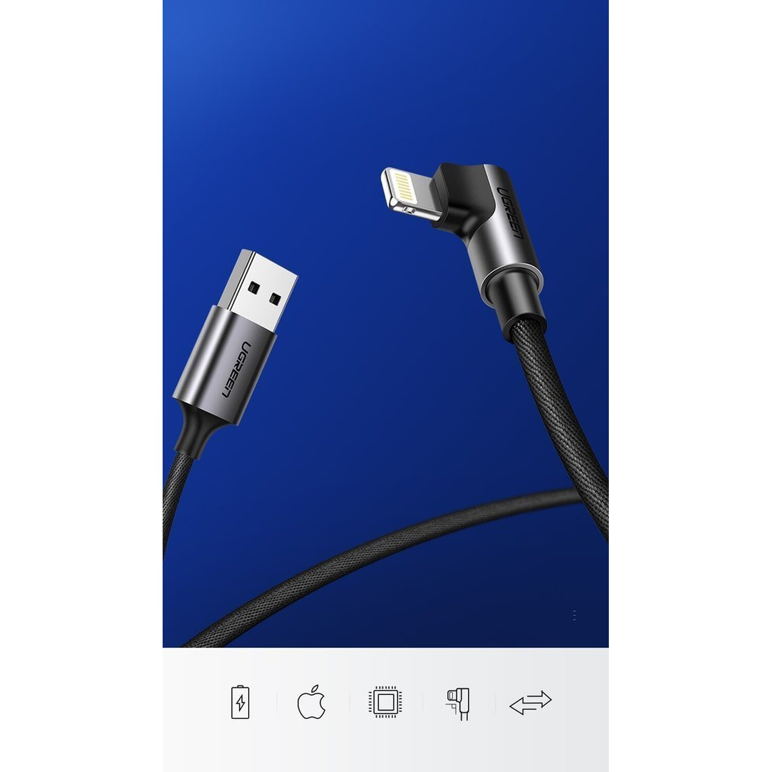 USB-A-zu-Lightning-Kabel mit abgewinkeltem Lightning-Anschluss, schwarzes Kabel, blauer Hintergrund.