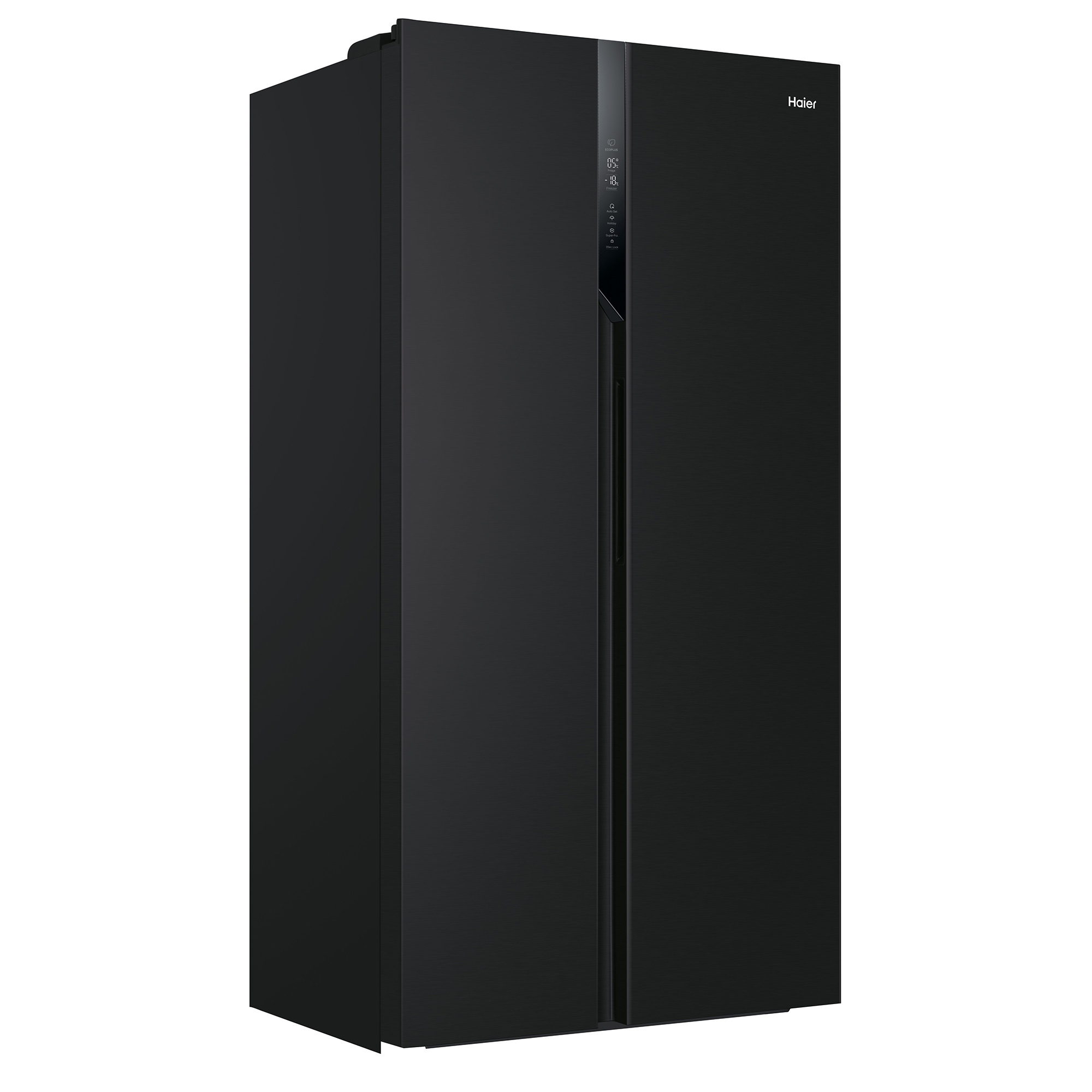 Ein schwarzer Haier Side-by-Side-Kühlschrank vor weißem Hintergrund. Er hat zwei Türen und ein digitales Display.