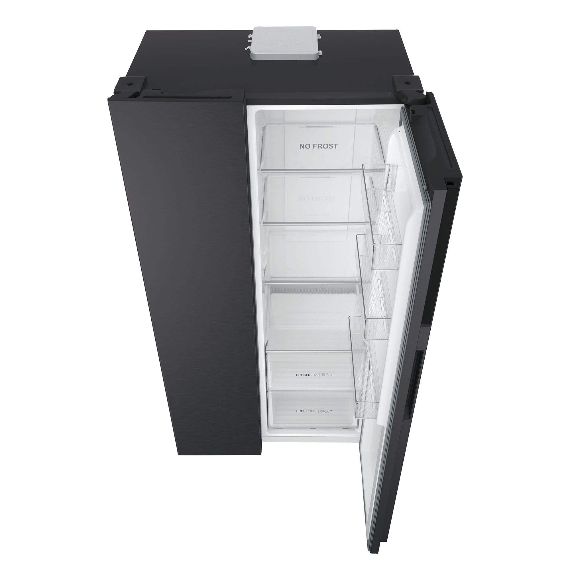 Schwarzer Kühlschrank mit offener Tür. Innen Schubladen mit 'NO FROST' Text.