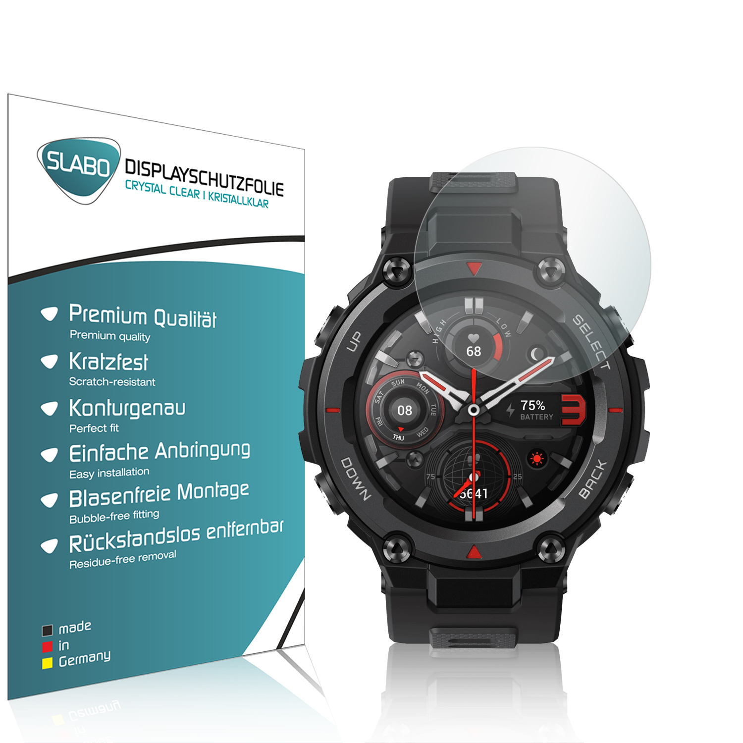 Eine Smartwatch mit einer Displayschutzfolienbox. Die Uhr ist schwarz mit roter und weißer Anzeige.