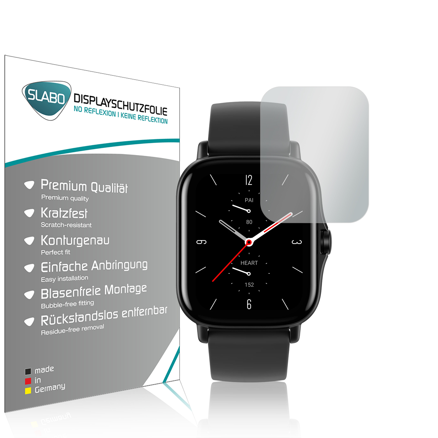 Schwarze Smartwatch rechts, Displayschutzfolie links. Zeigt Zeit und Herzfrequenz.