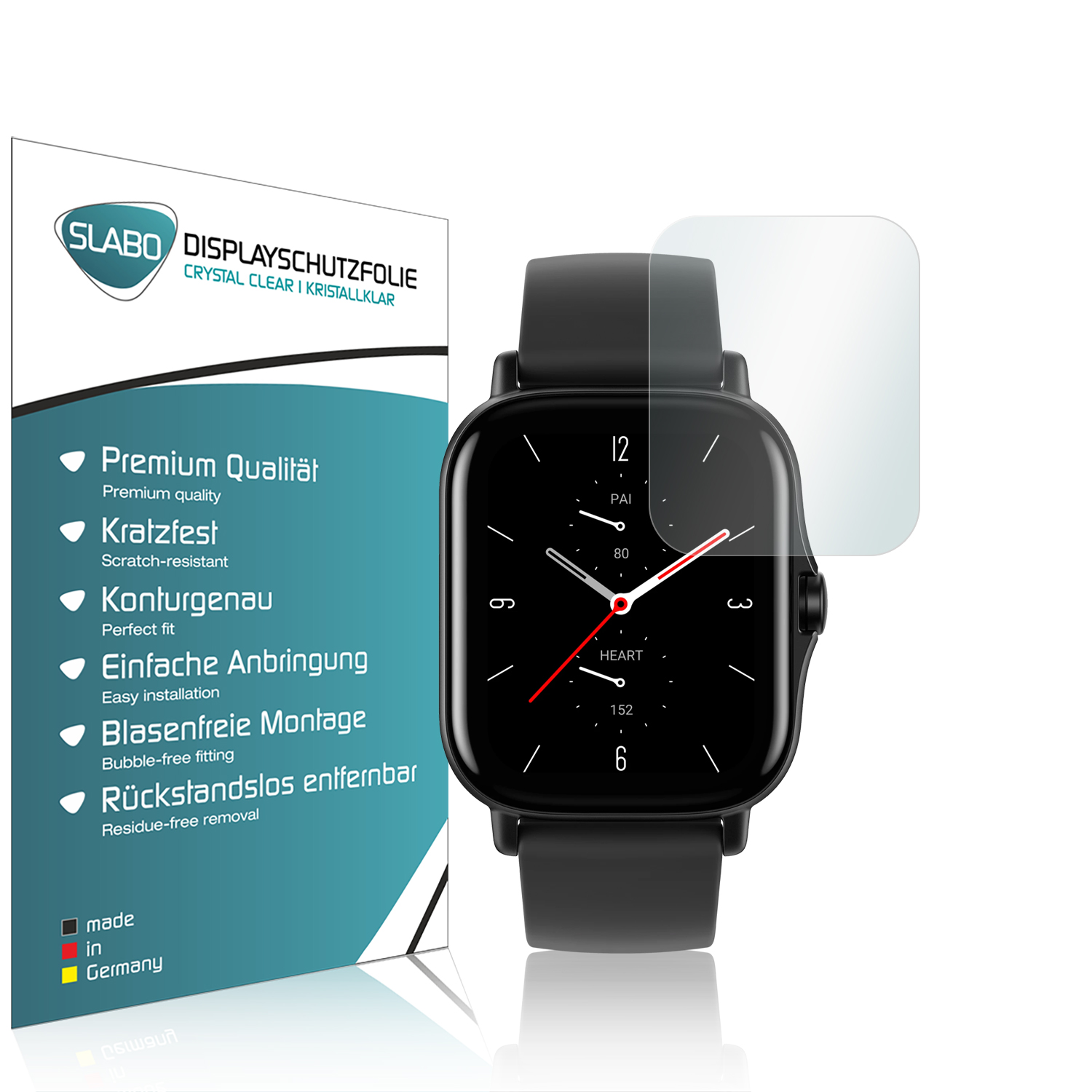 Smartwatch mit Displayschutzfolie und Verpackung, zeigt ein Zifferblatt.
