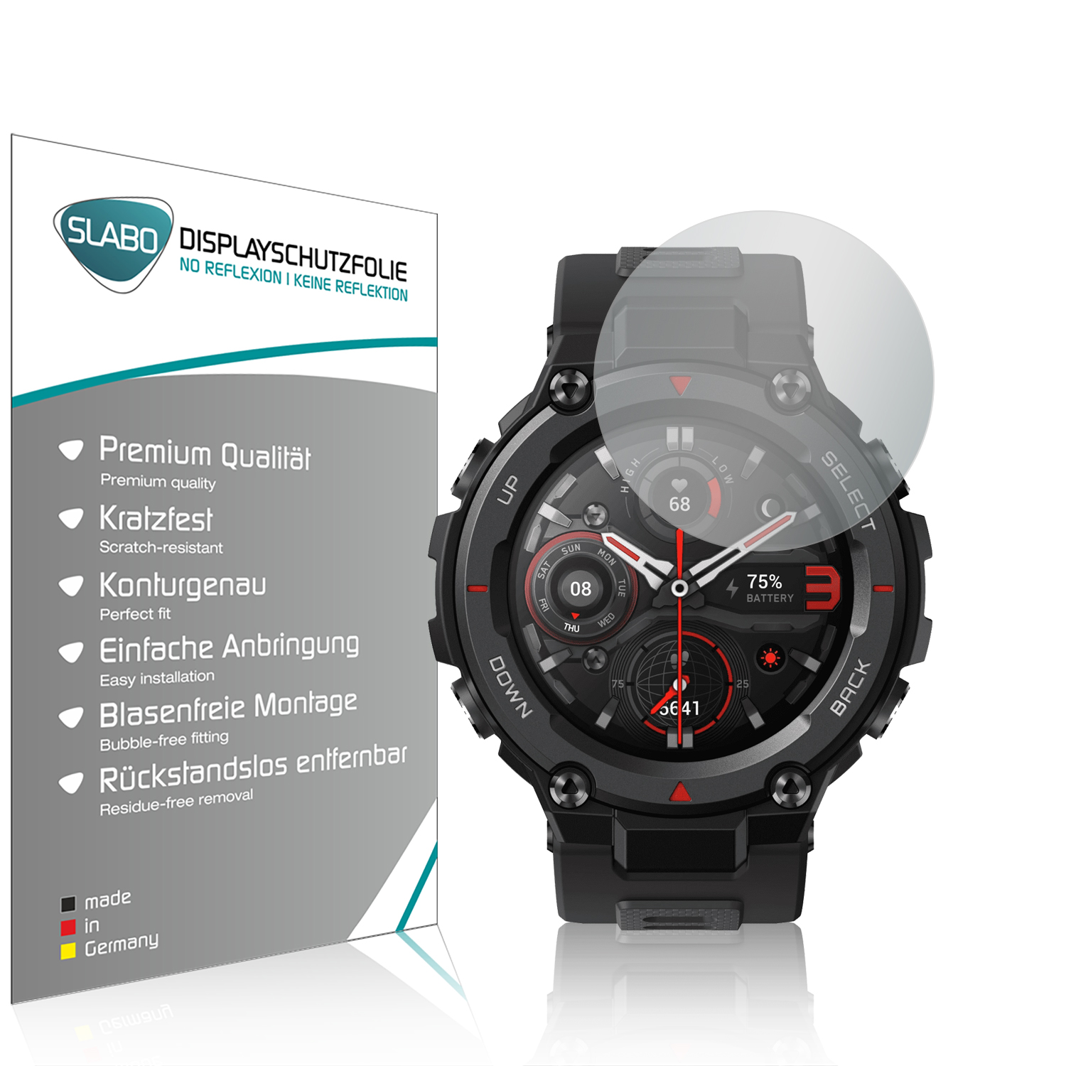 Schwarze Smartwatch mit Displayschutzfolie, Nahaufnahme auf weißem Hintergrund, mit Markendetails auf Uhr und Schutz.