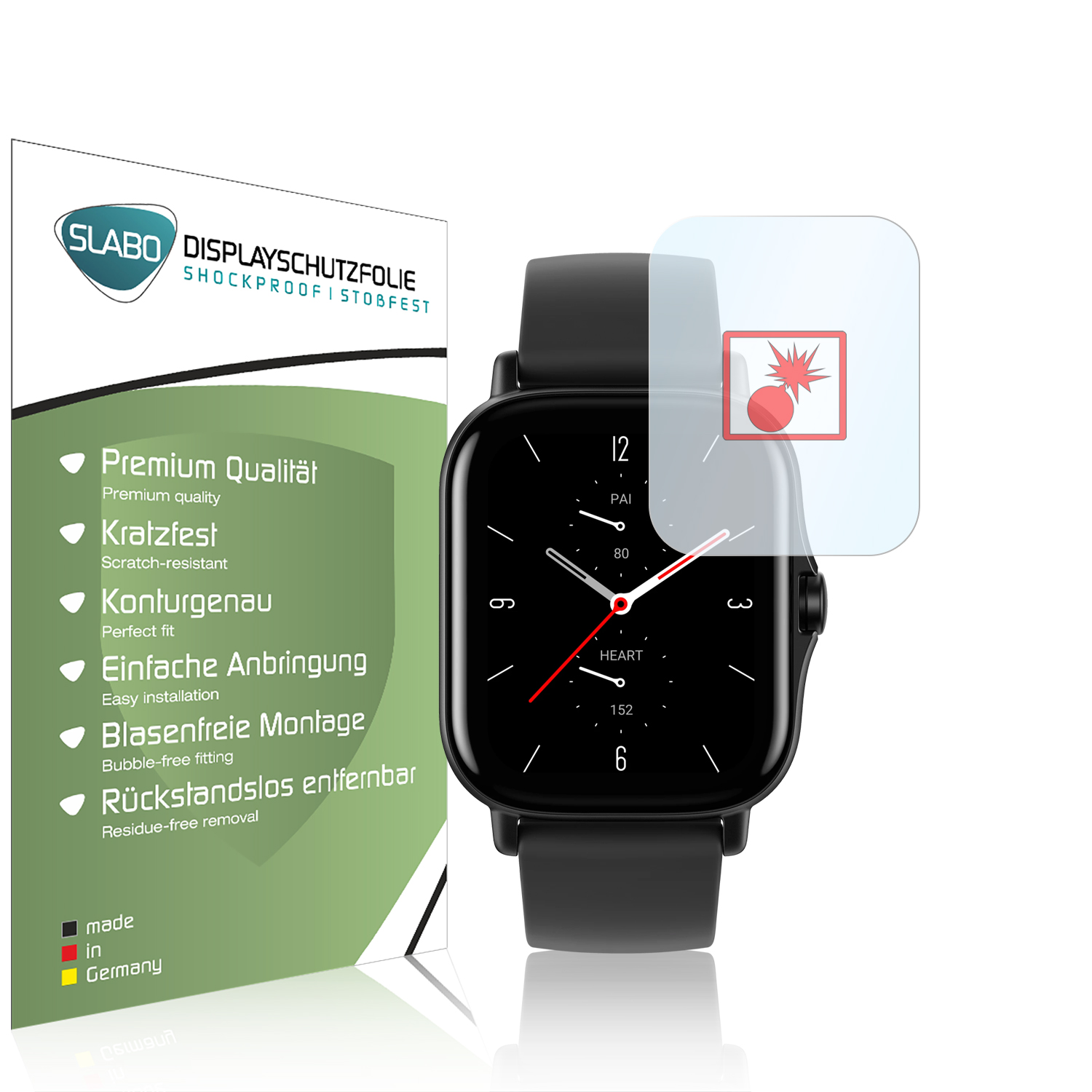 Smartwatch mit Displayschutzfolie, die eine rote Explosion und Text zeigt.