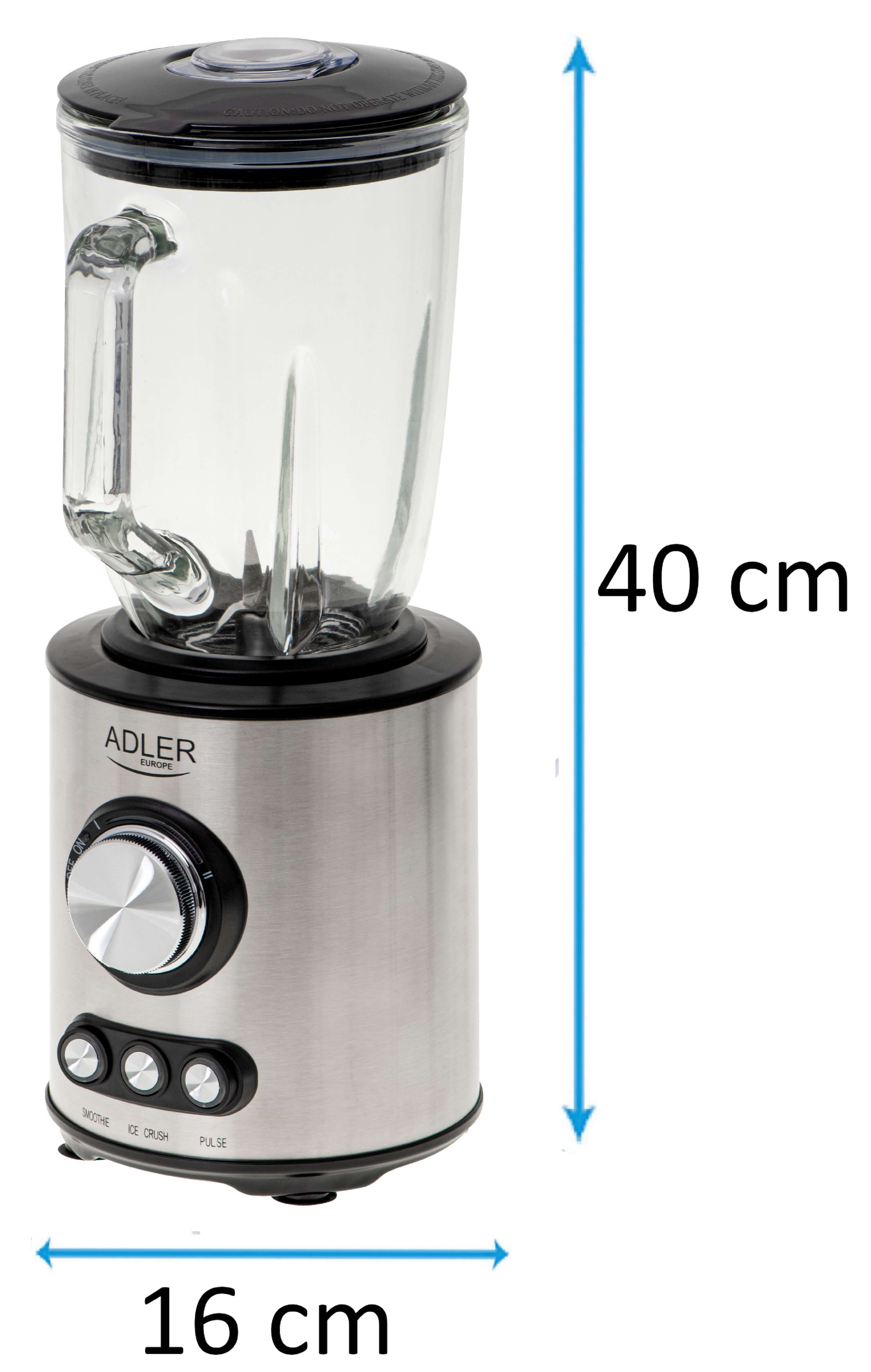 Srebrno-czarny blender z wymiarami. Białe tło.