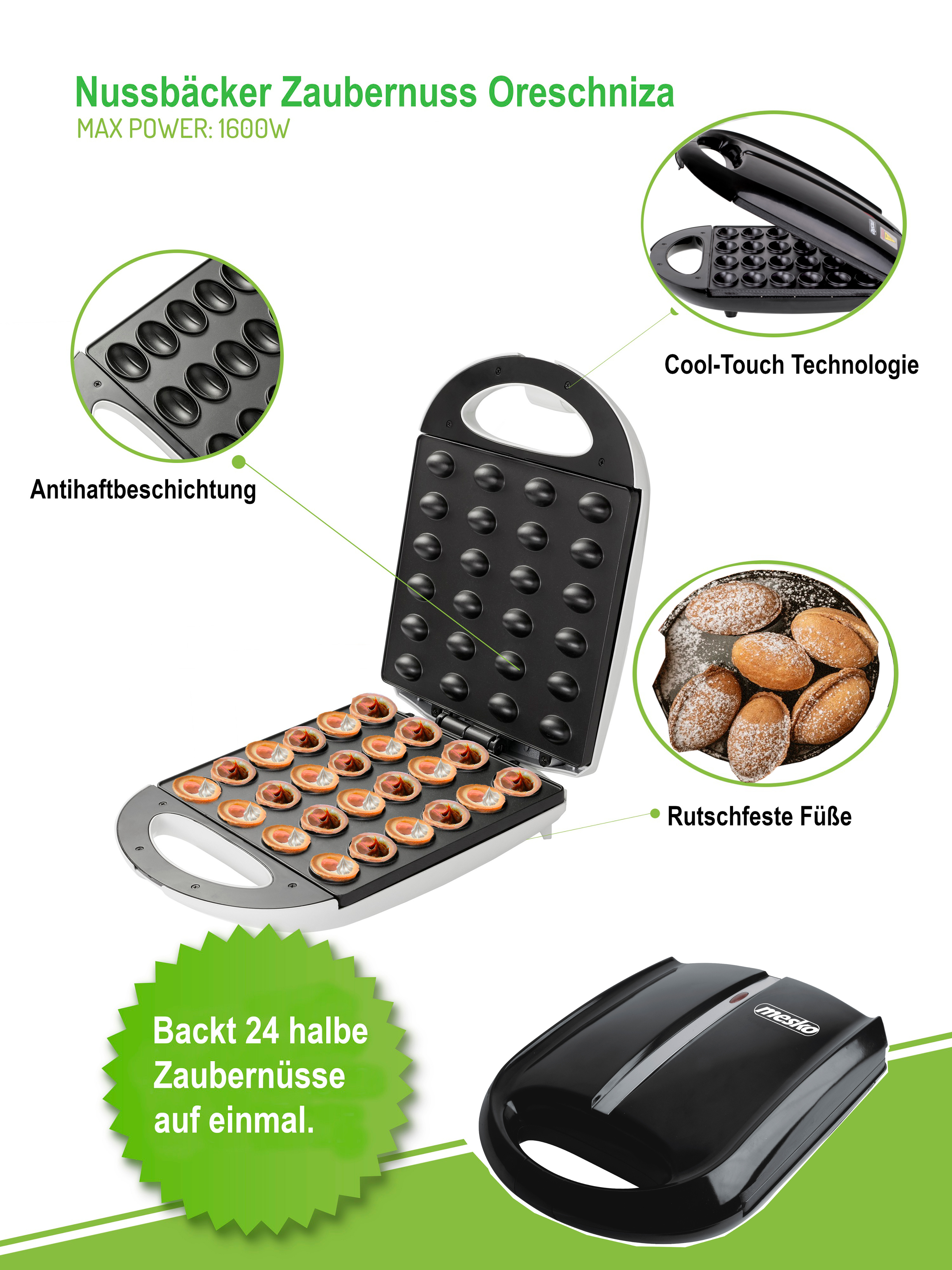 Czarny gofrownica z pieczonymi ciastkami w kształcie orzechów. Etykiety tekstowe. Zielony dymek.