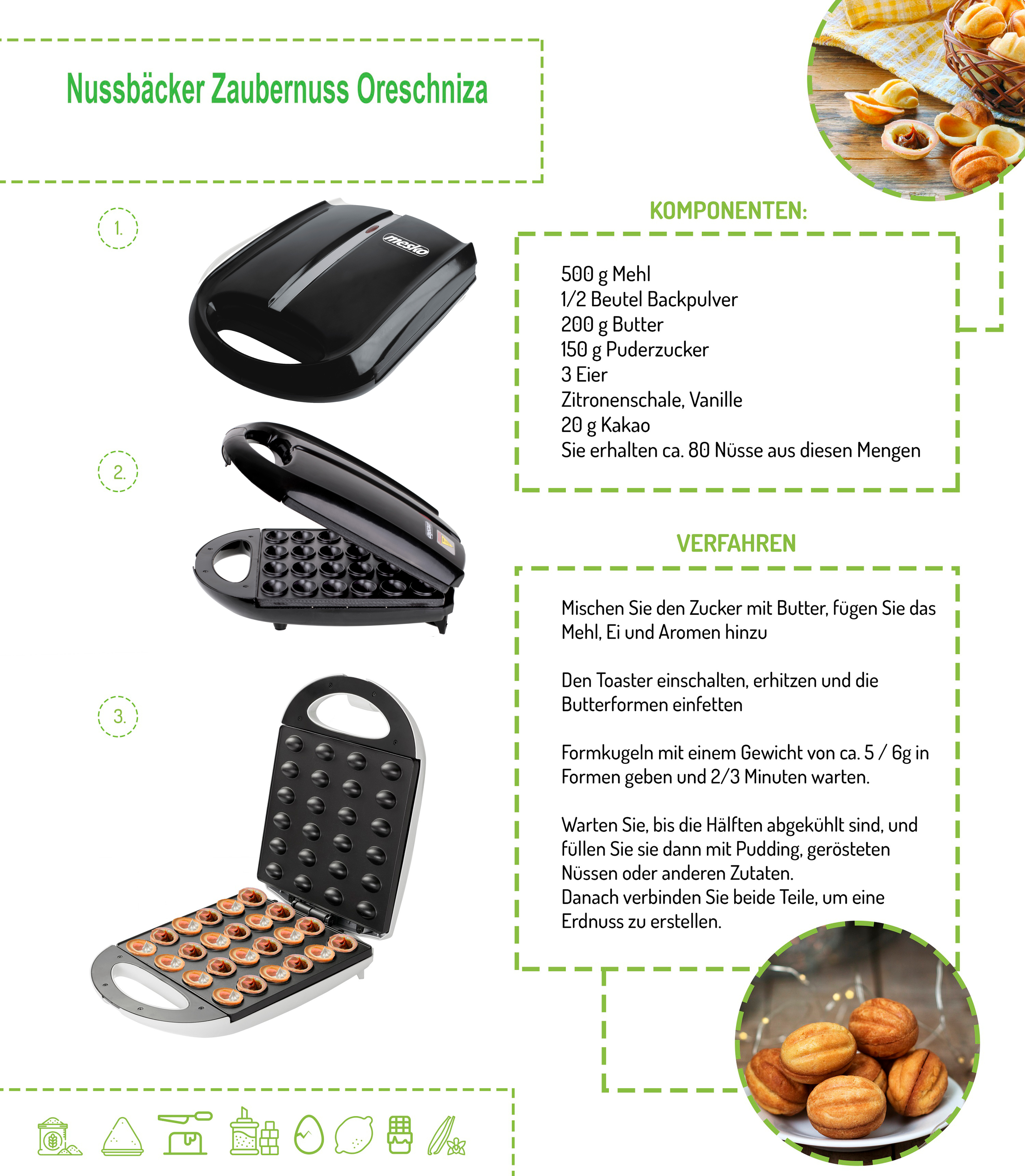 Instrukcja dla gofrownicy do orzechów. Pokazuje składniki, kroki i gotowe gofry.