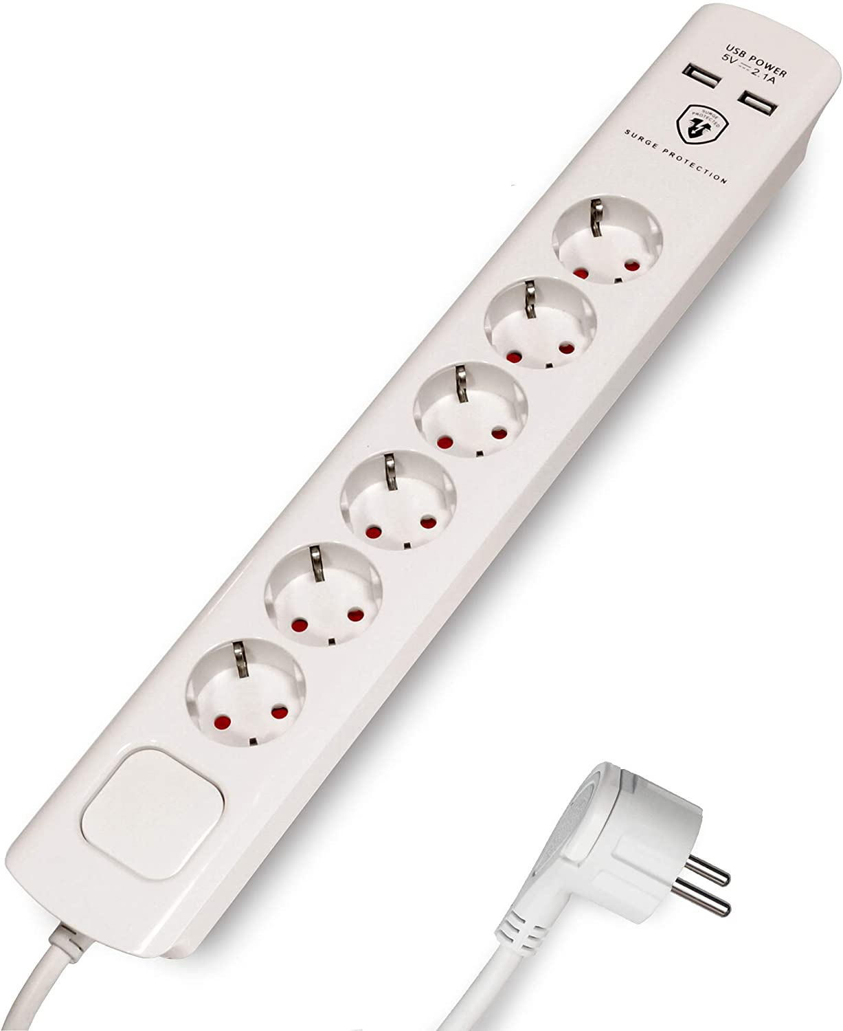 Weiße Steckdosenleiste mit 6 Steckdosen und 2 USB-Anschlüssen, mit Stecker und weißem Hintergrund.