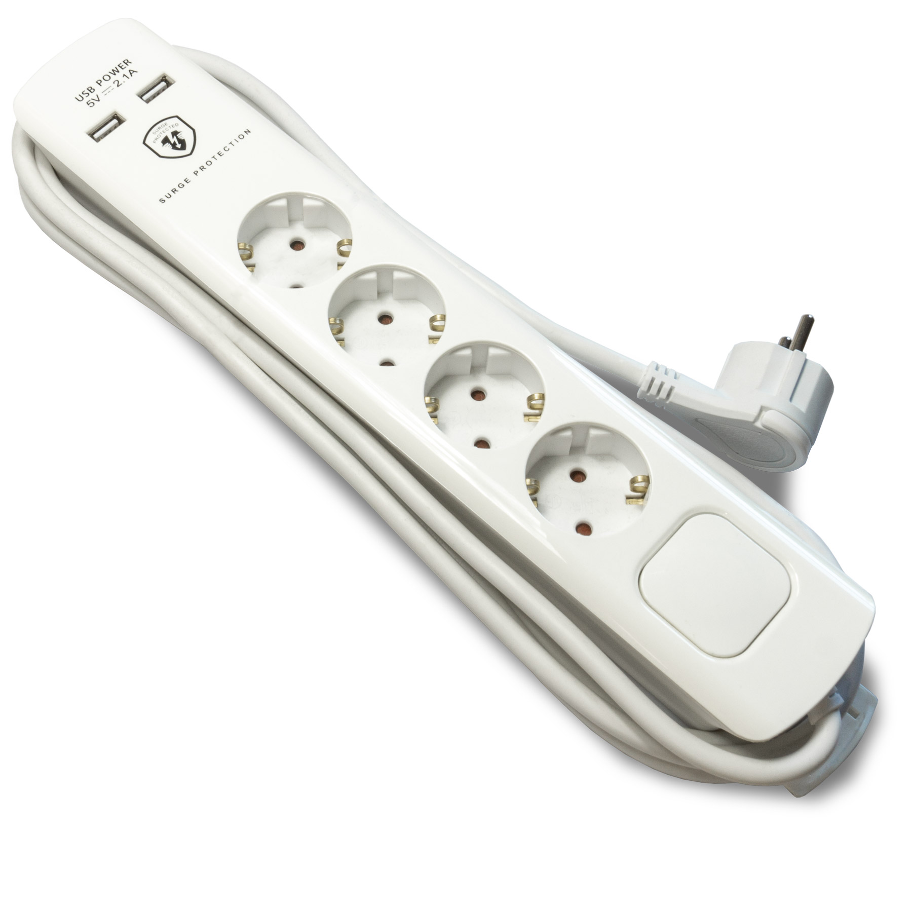 FEINTECH MD000433 Steckdosenleiste 4-Fach USB-A Ein-Aus-Schalter 2x 3 m Ladeports, Überspannungsschutz, mit mit Anschlusskabel und Flachstecker